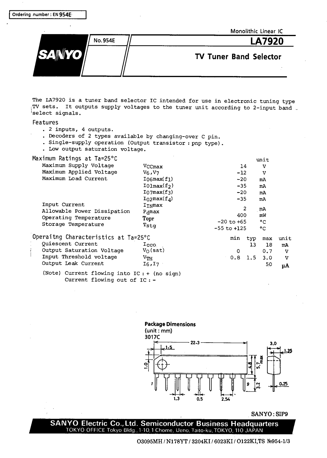 SANYO LA7920 Datasheet