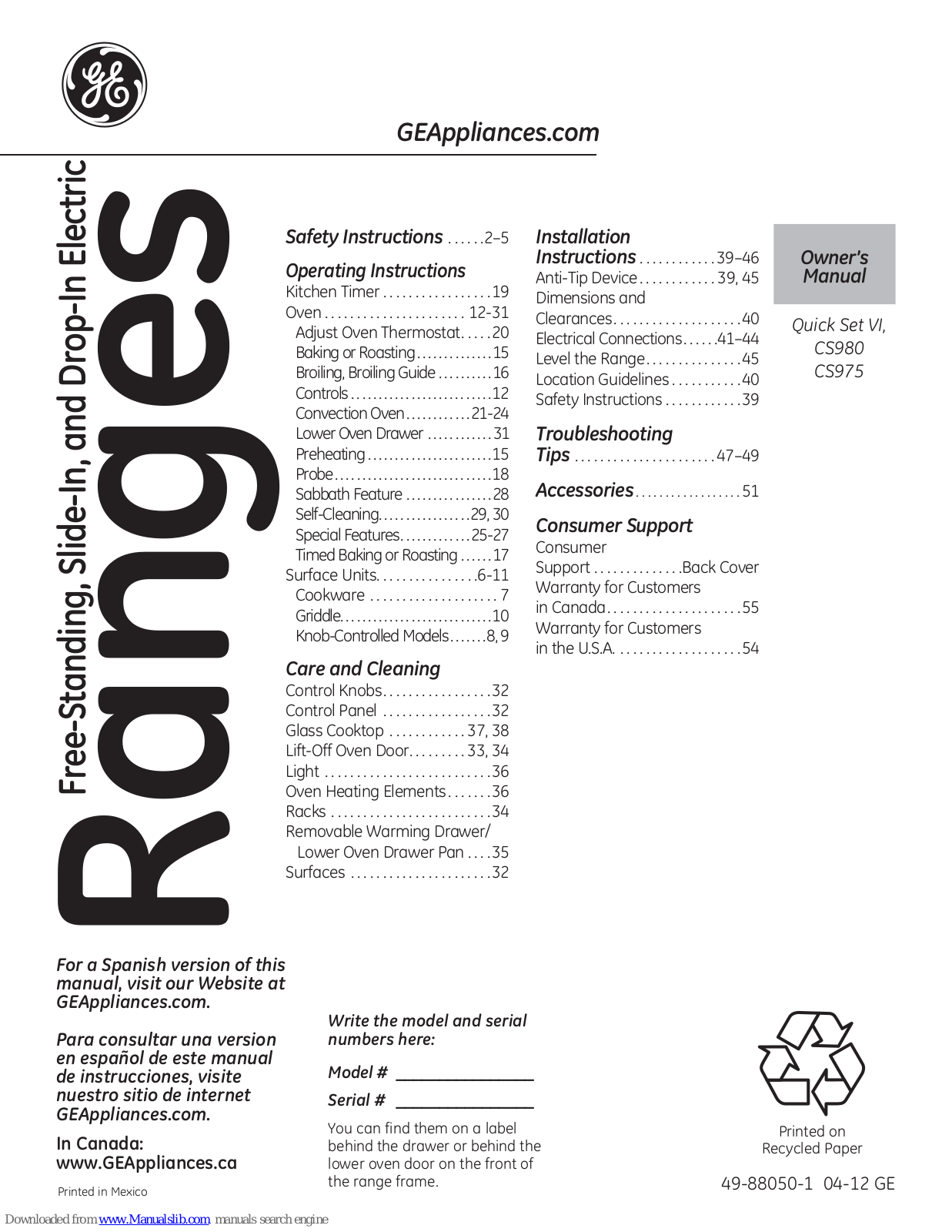 GE CS975SDSS, Quick Set VI, CS980, CS975 Owner's Manual