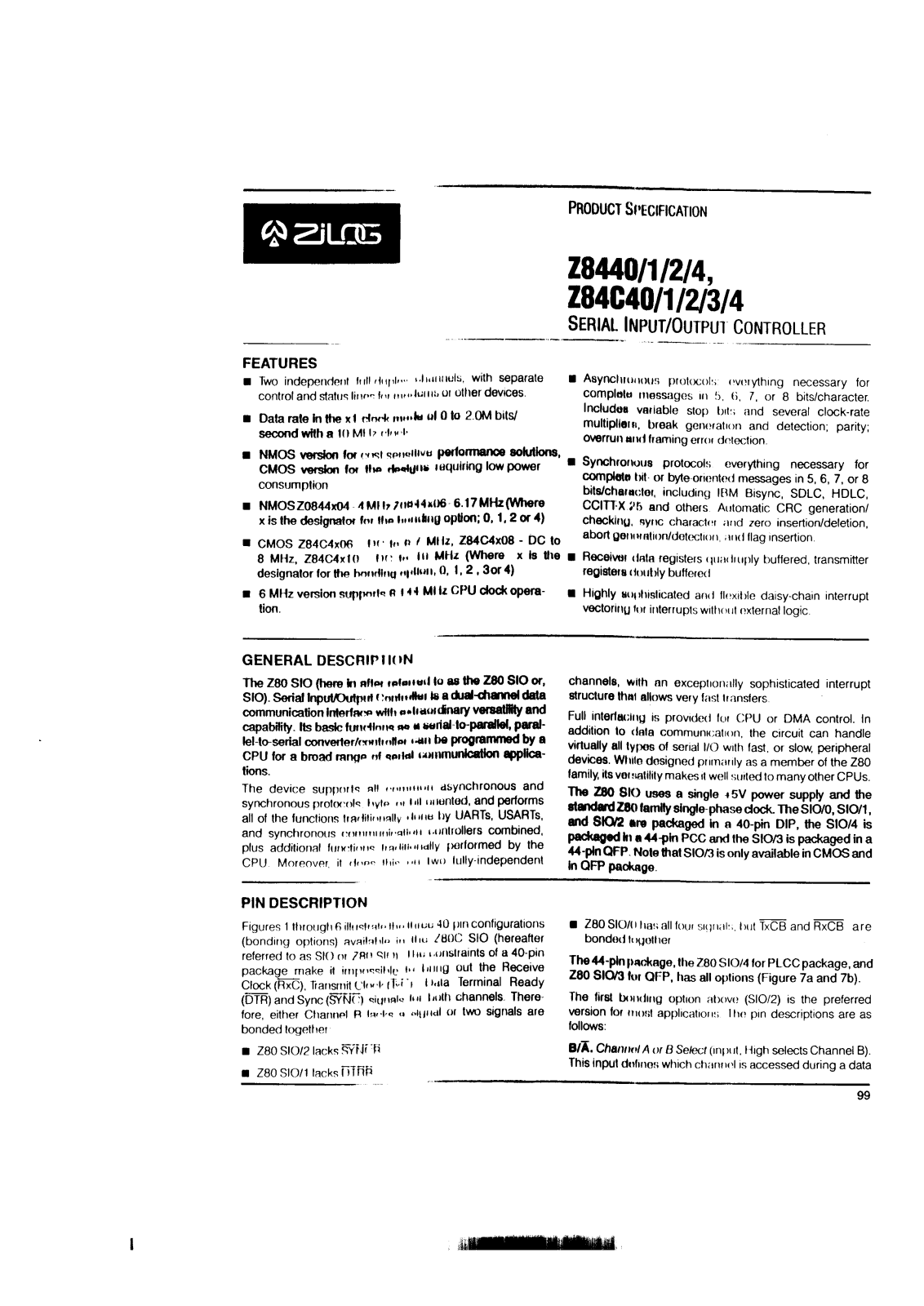 ZILOG Z0844004, Z0844004PEC, Z0844104, Z0844104PEC, Z0844104PSC Datasheet