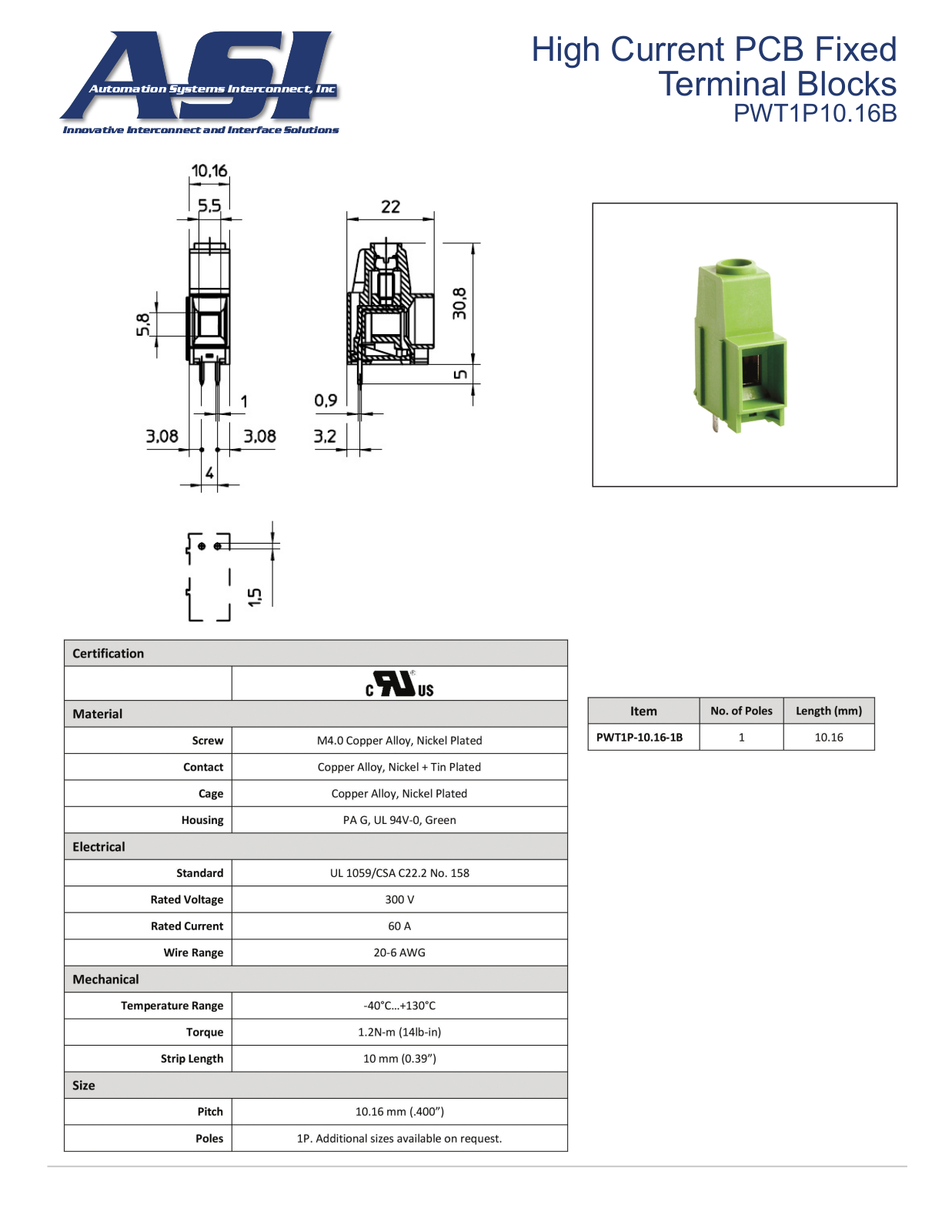 ASI-Automation Systems Interconnect PWT1P10.16B Data Sheet