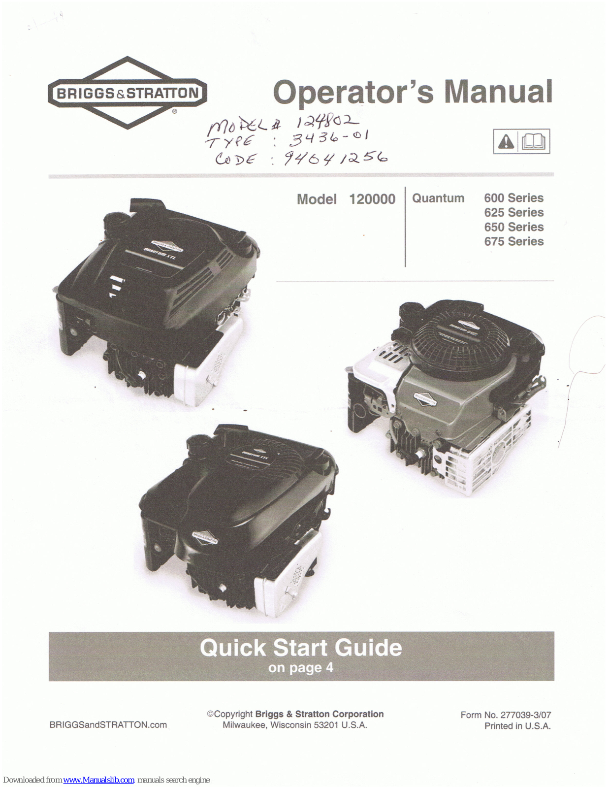 Briggs & Stratton 120000 Quantum 600 Series Operator's Manual