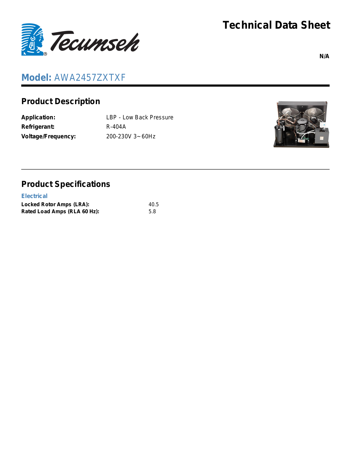 Tecumseh AWA2457ZXTXF Technical Data Sheet