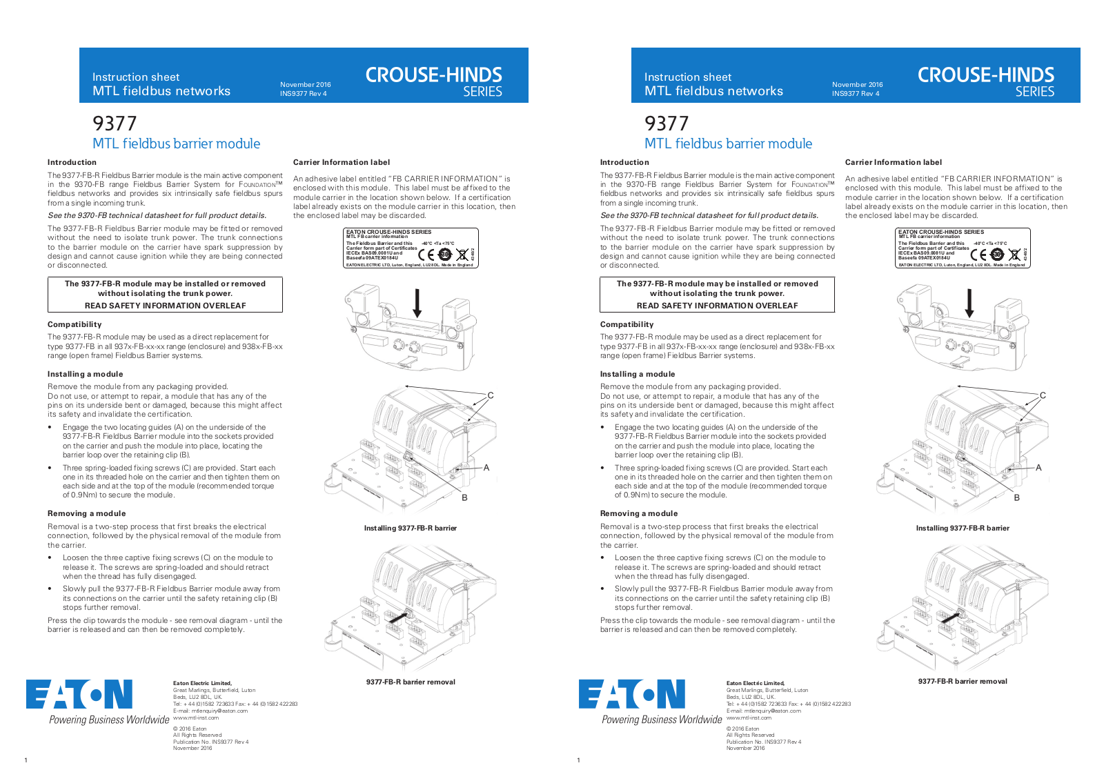 Eaton Crouse-Hinds Series, 9370-FB, 9377-FB-R, 9377 Instruction Sheet