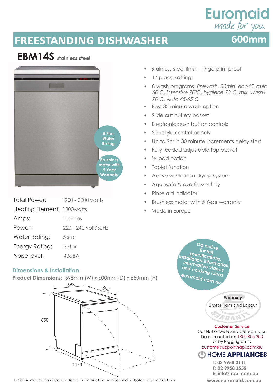 Euromaid EBM14S Specifications Sheet