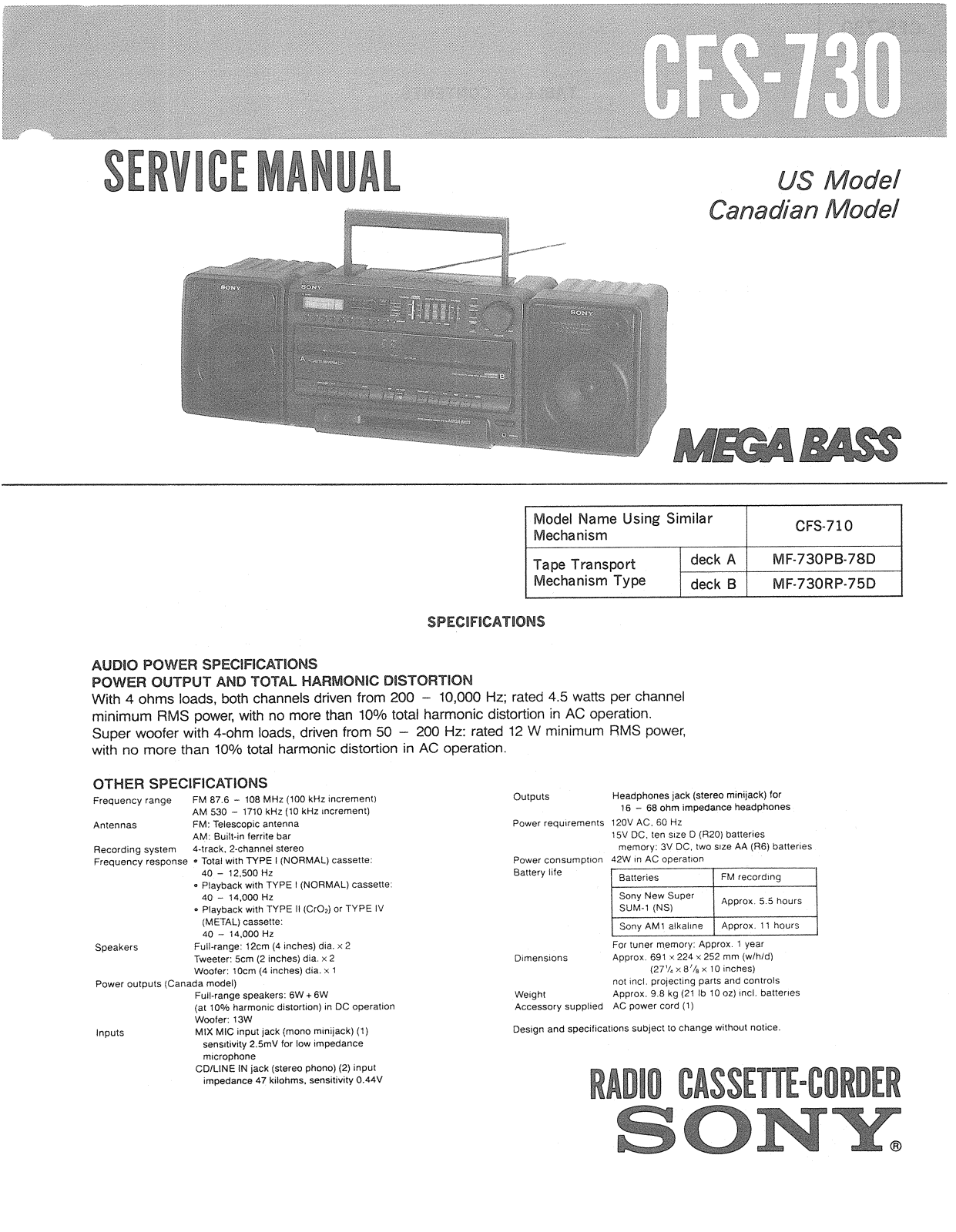 Sony CFS-730 Service manual