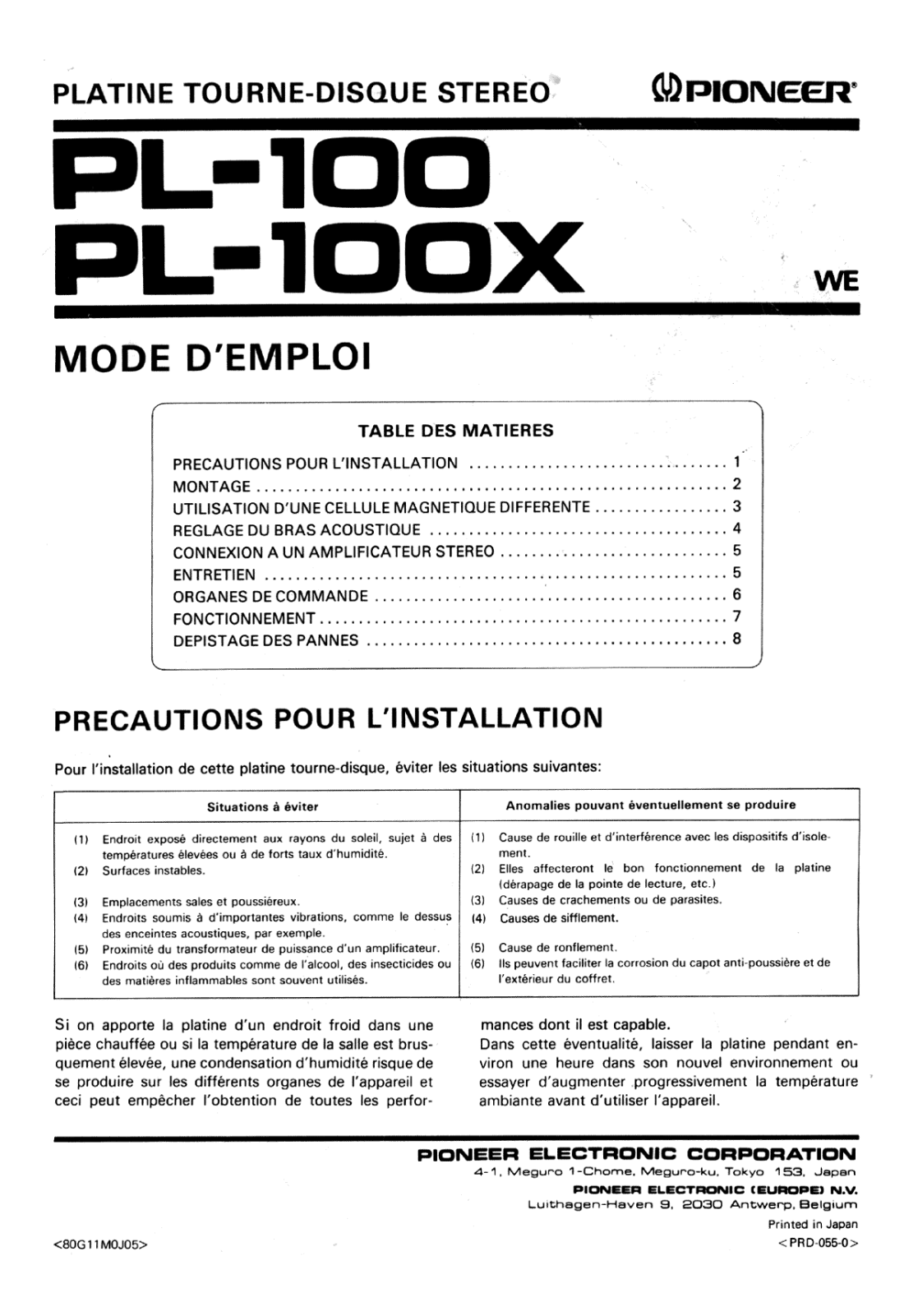 Pioneer PL-100, PL-100-X Owners manual