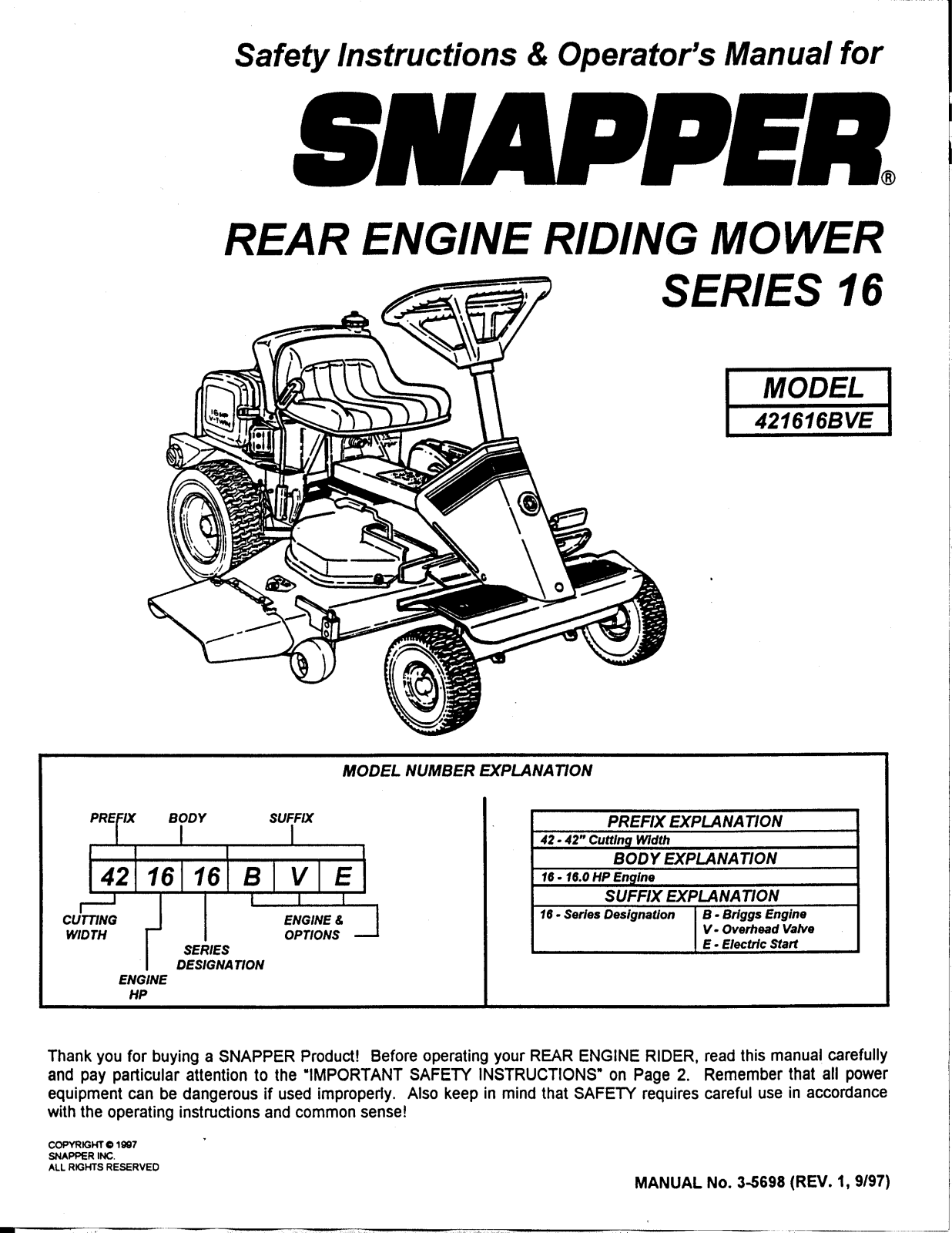 Snapper 421616BVE User Manual