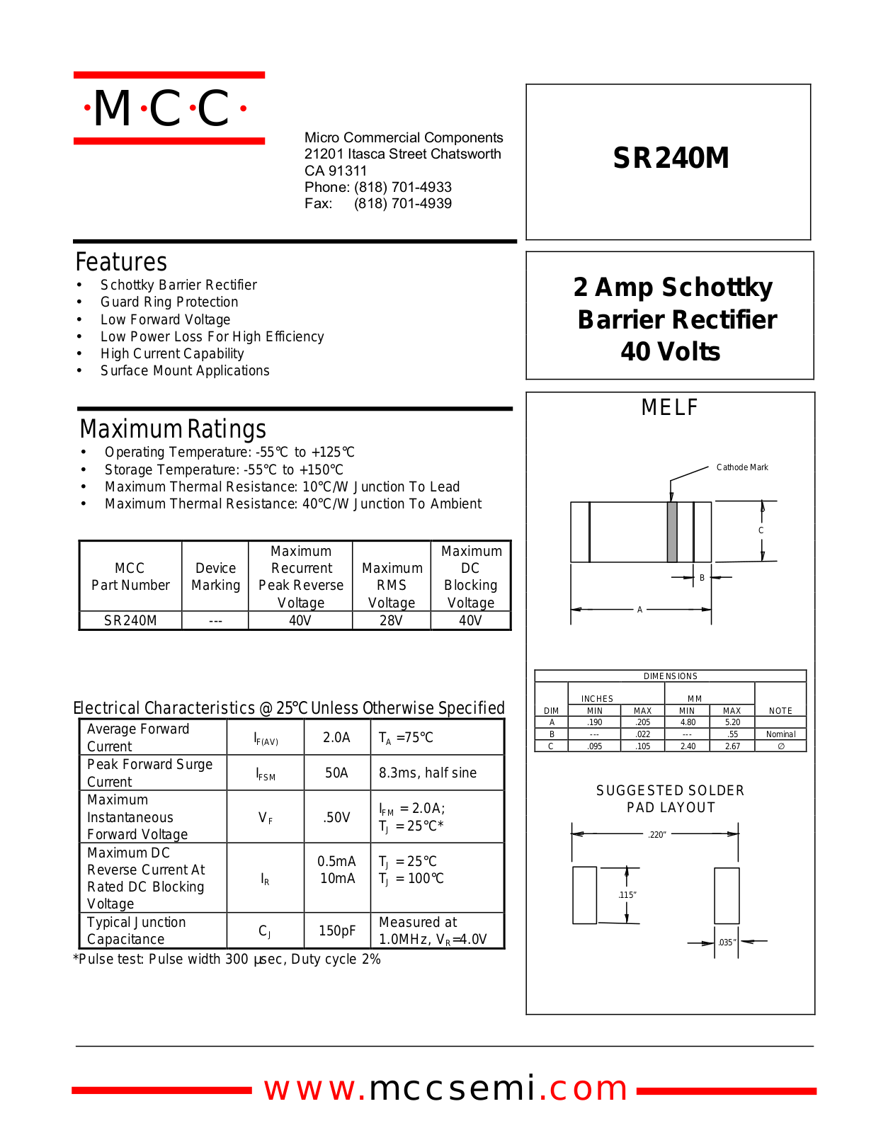MCC SR240M Datasheet