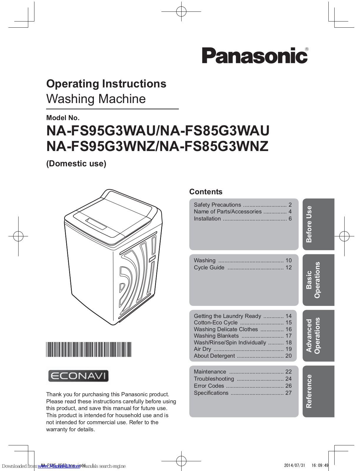 Panasonic NA-FS95G3WNZ, NA-FS85G3WNZ Operating Instructions Manual