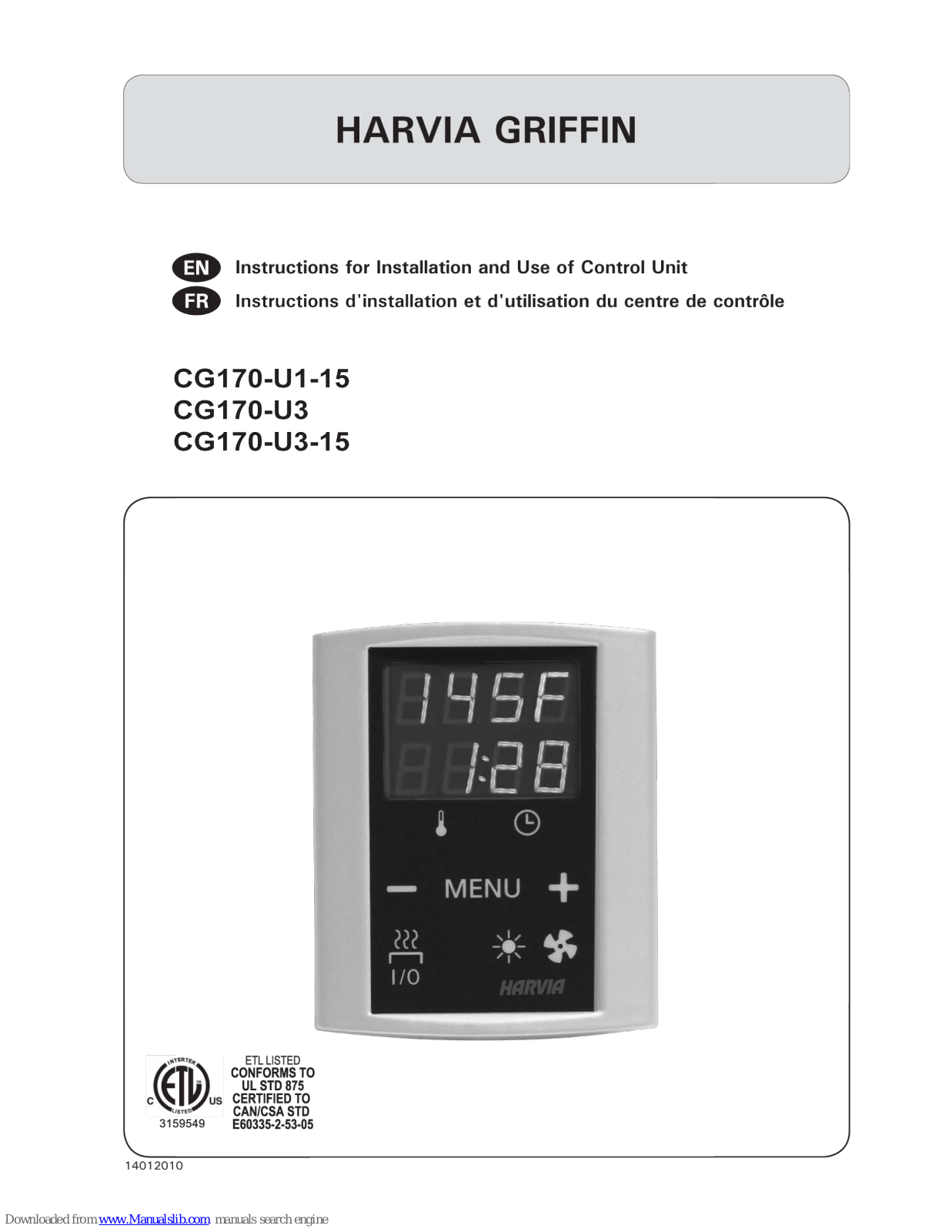 Harvia Griffin CG170-U3, Griffin CG170-U3-15 Instructions For Installation And Use Manual