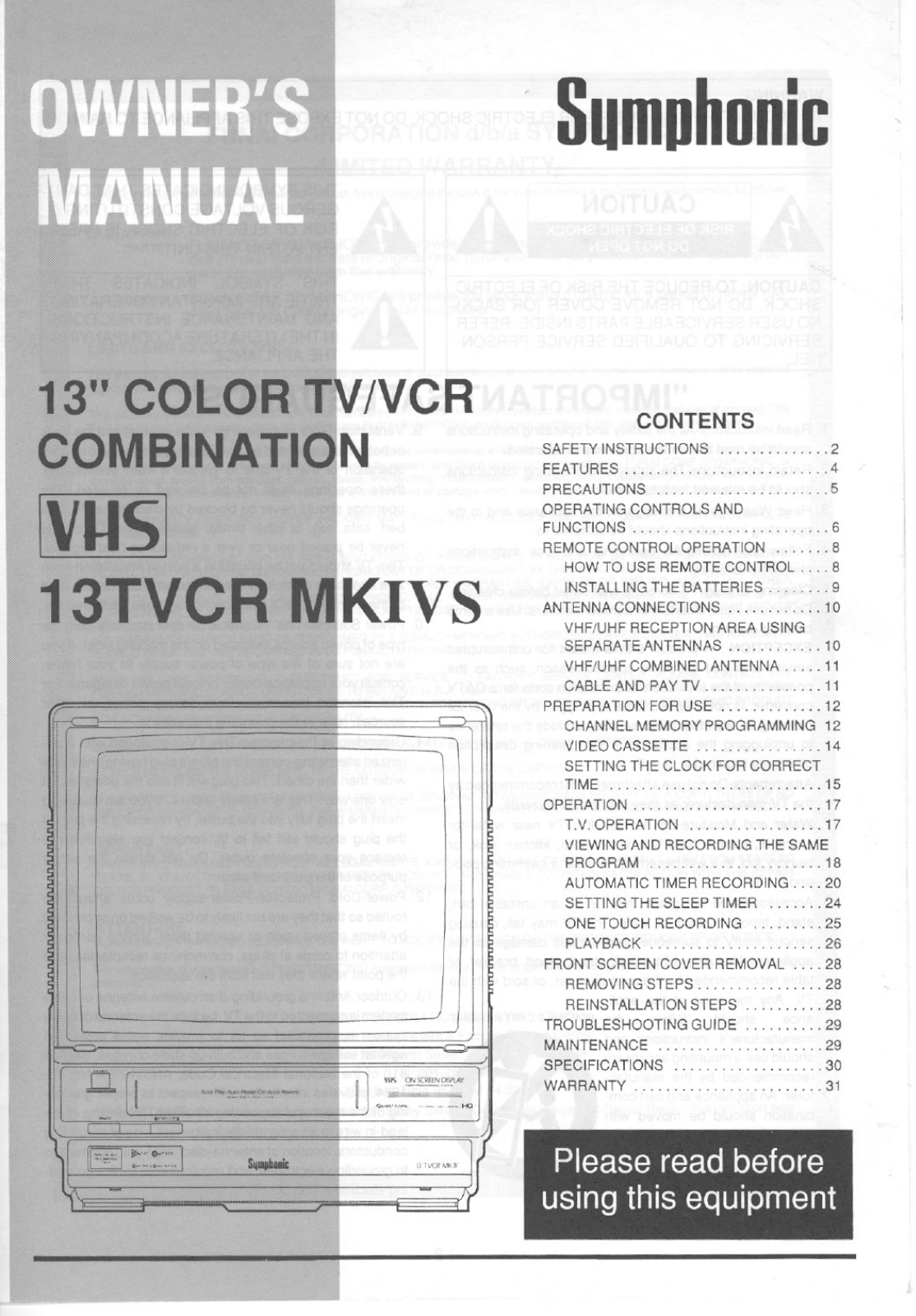 Symphonic 13TVCRMKIVS User Manual