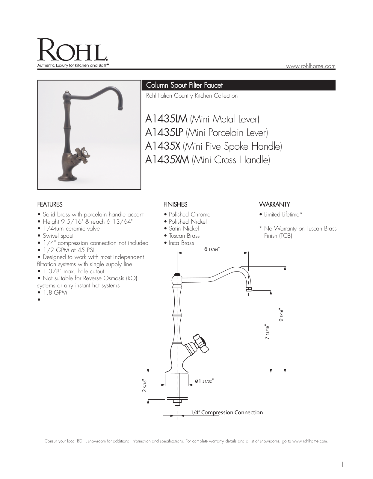 Rohl A1435LM, A1435LP, A1435X, A1435XM Specifications - ManualMachine.com