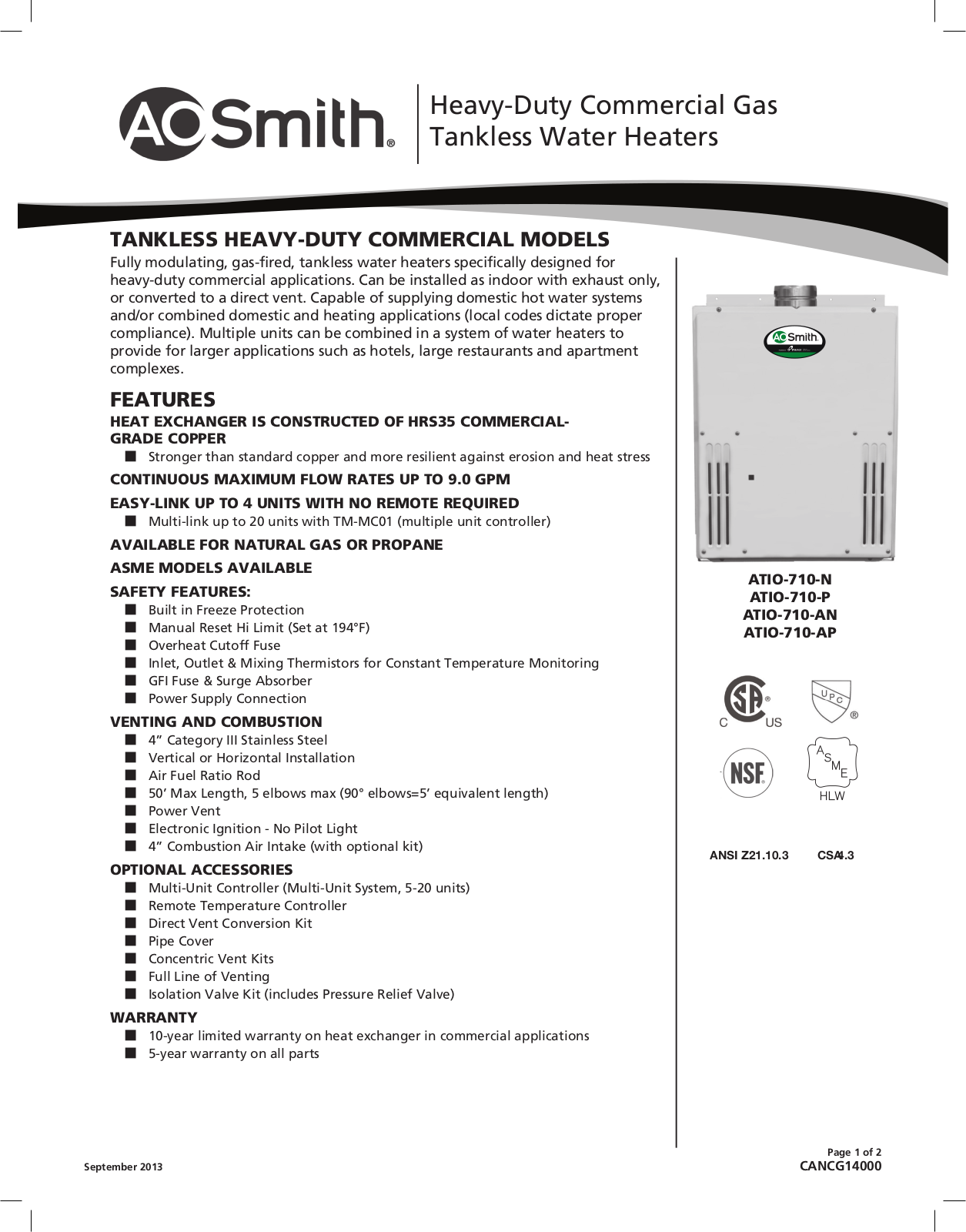 A.O. Smith ATIO-710-N Technical Documents