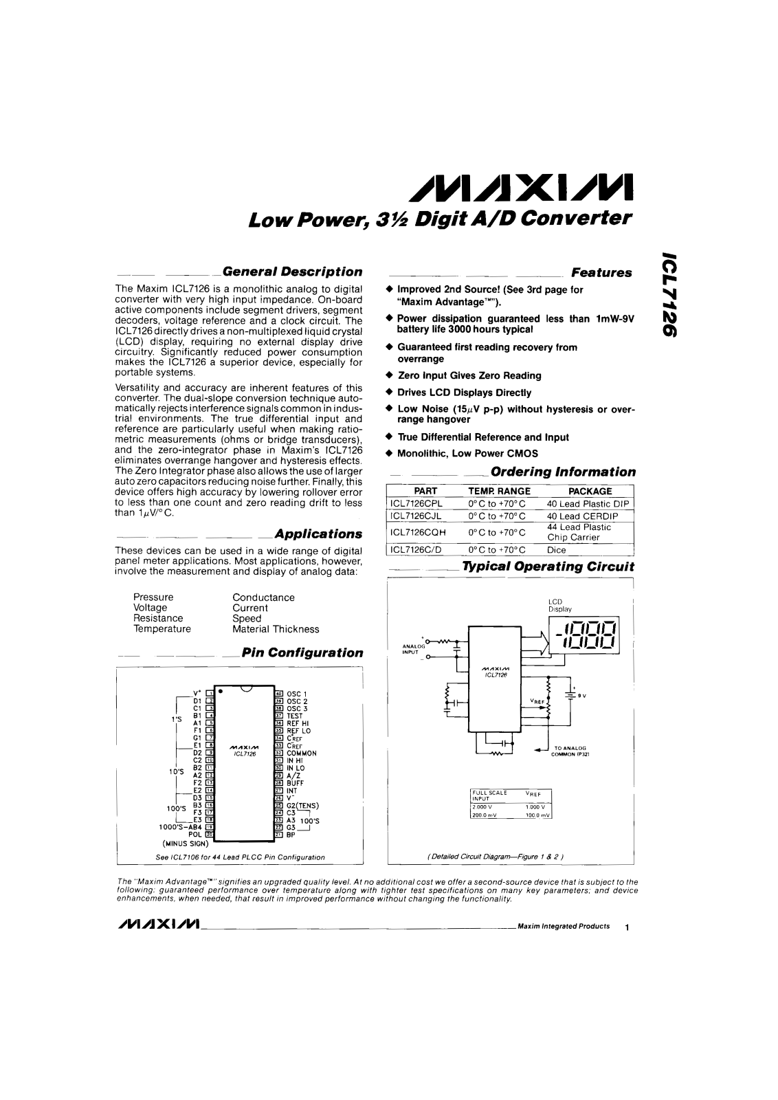 Maxim Integrated Producs ICL7126CGL, ICL7126CPL, ICL7126CQH Datasheet