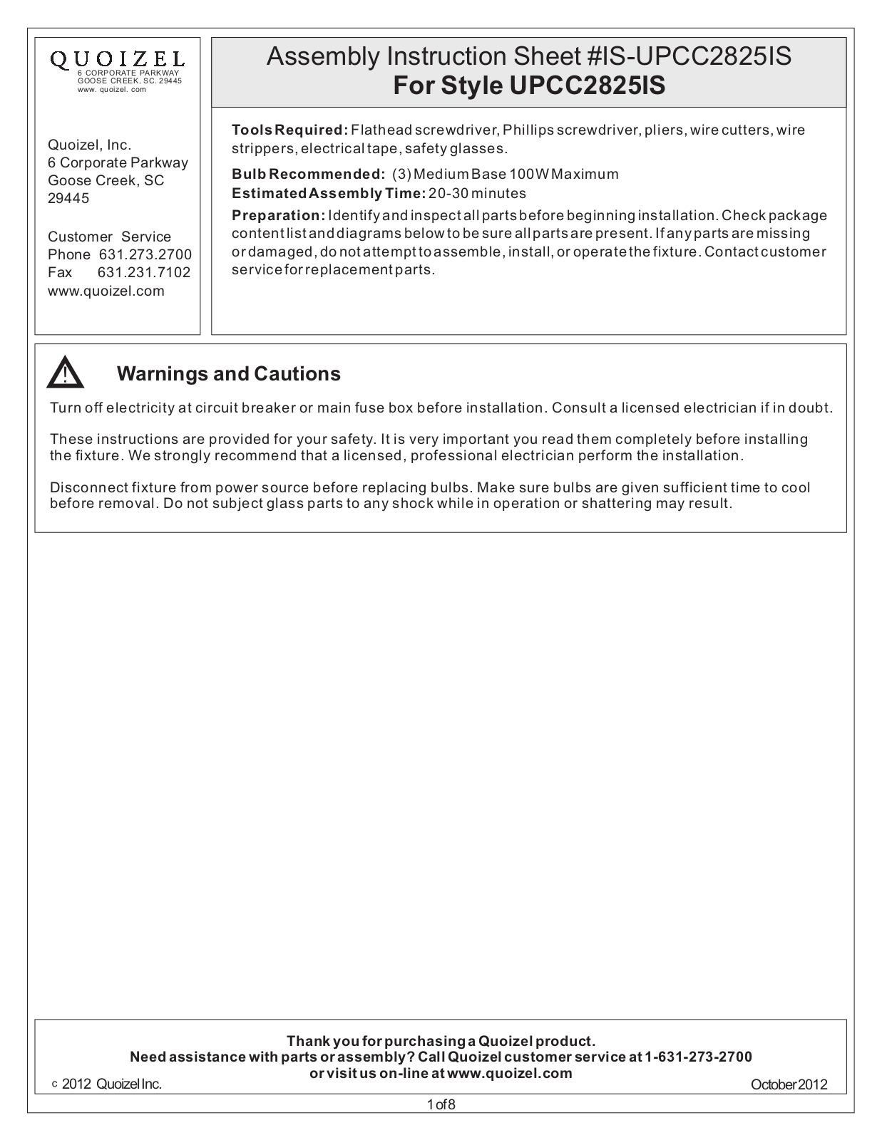 Quoizel UPCC2825IS User Manual