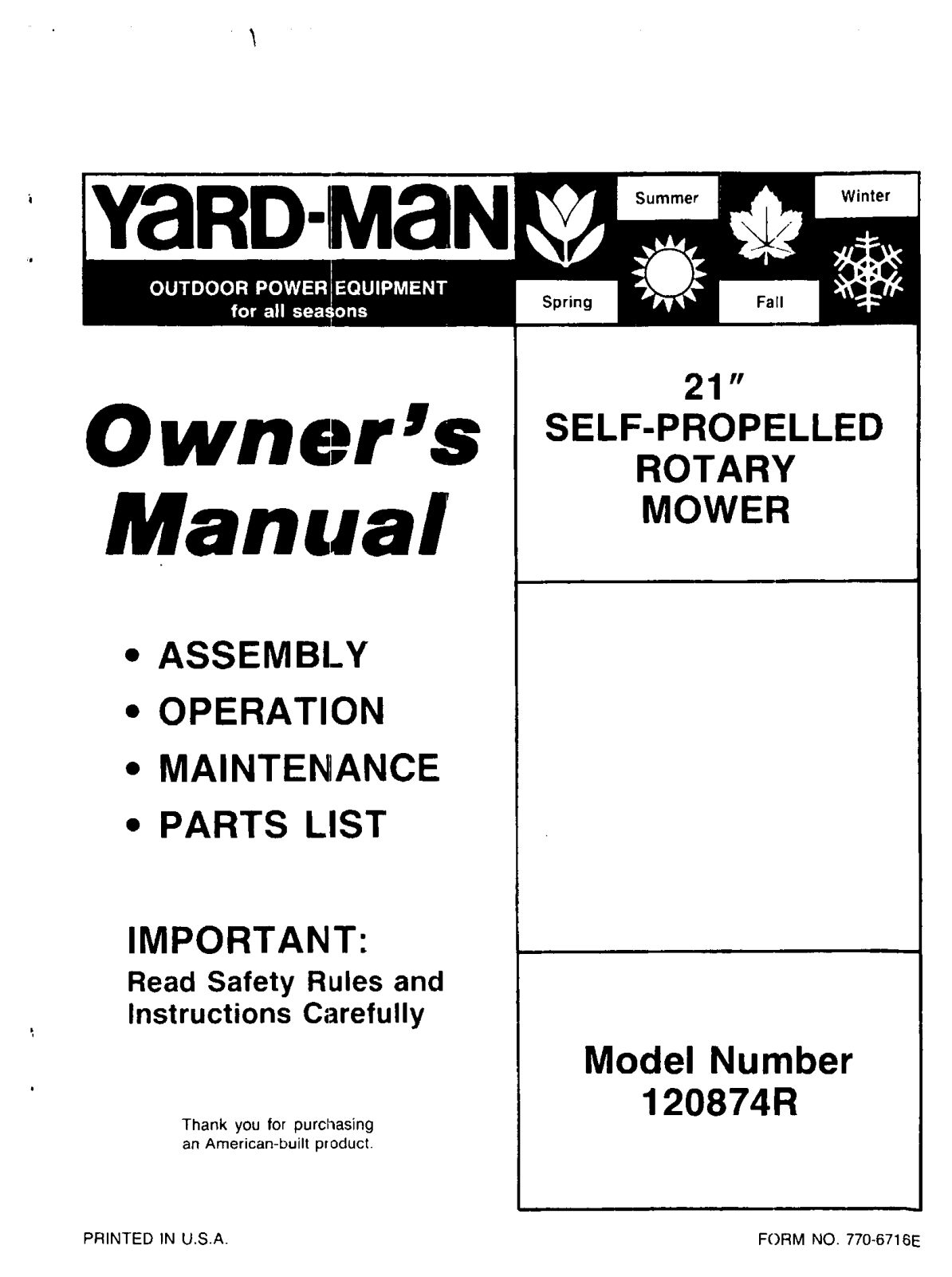 Yard-Man 120874R User Manual