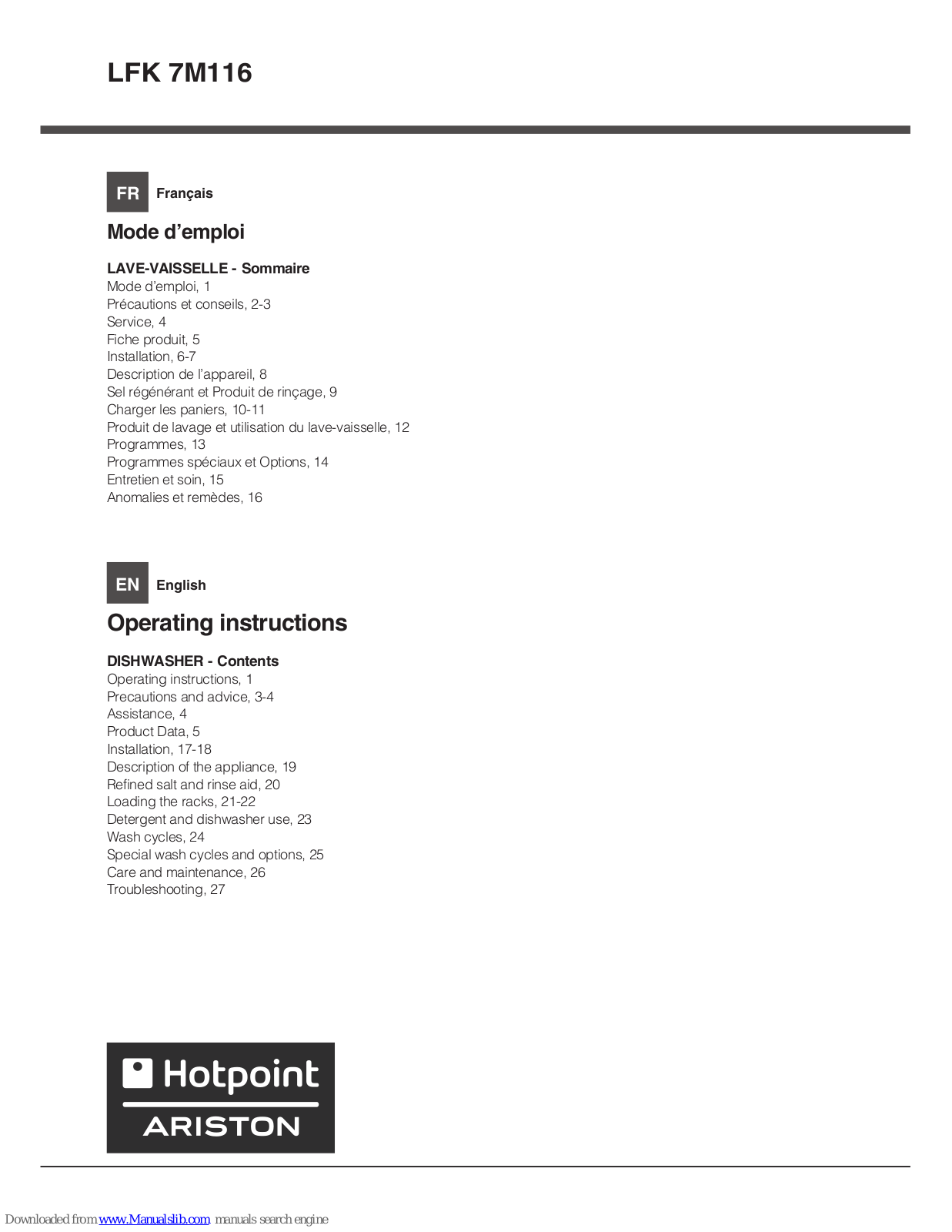 Hotpoint Ariston LFK 7M116 Operating Instructions Manual