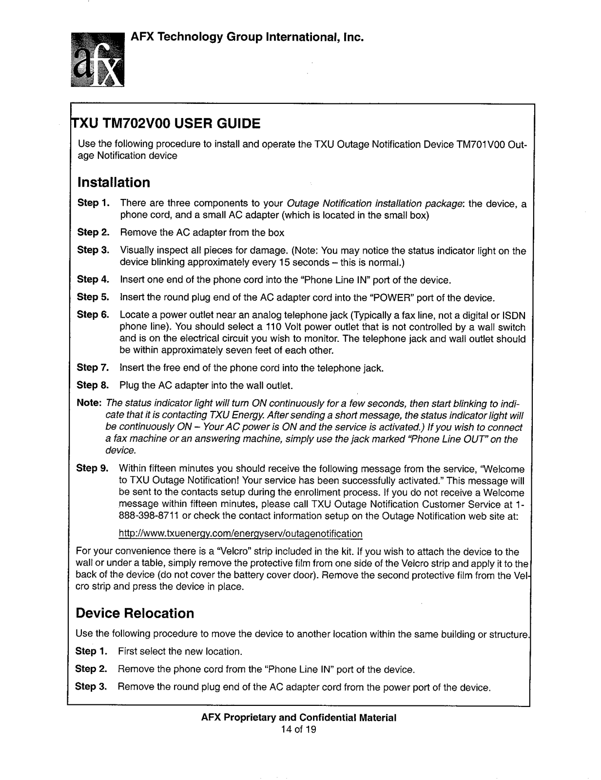 AFX Technology Group TM702V00 User Manual