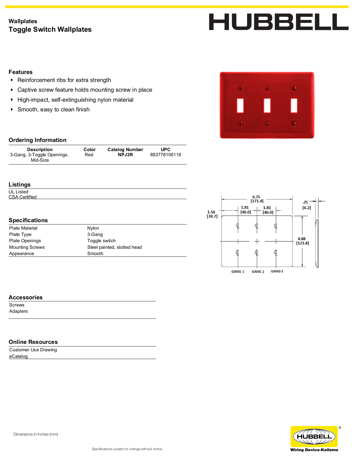 Hubbell NPJ3R Specifications