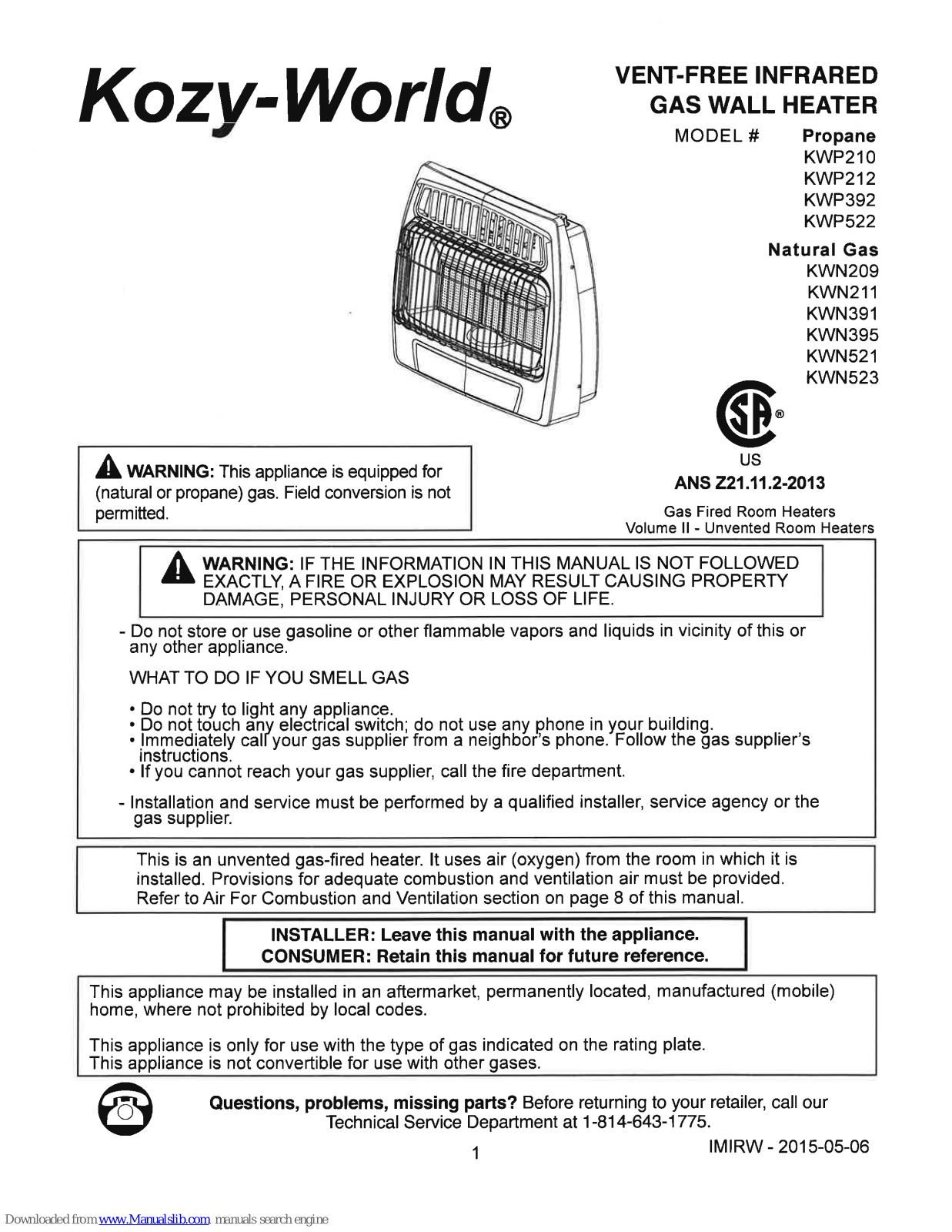 Kozy-World KWP210, KWP392, KWP212, KWN211, KWN391 User Manual