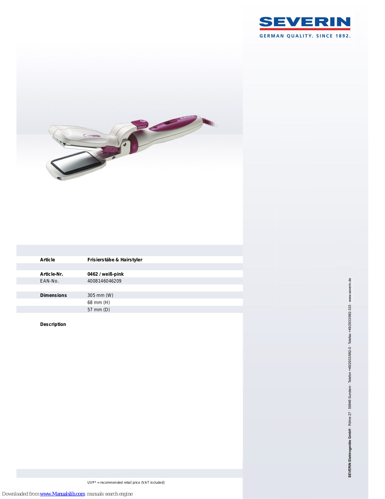 SEVERIN FUN STYLE 0462, 462 Dimensions - ManualMachine.com