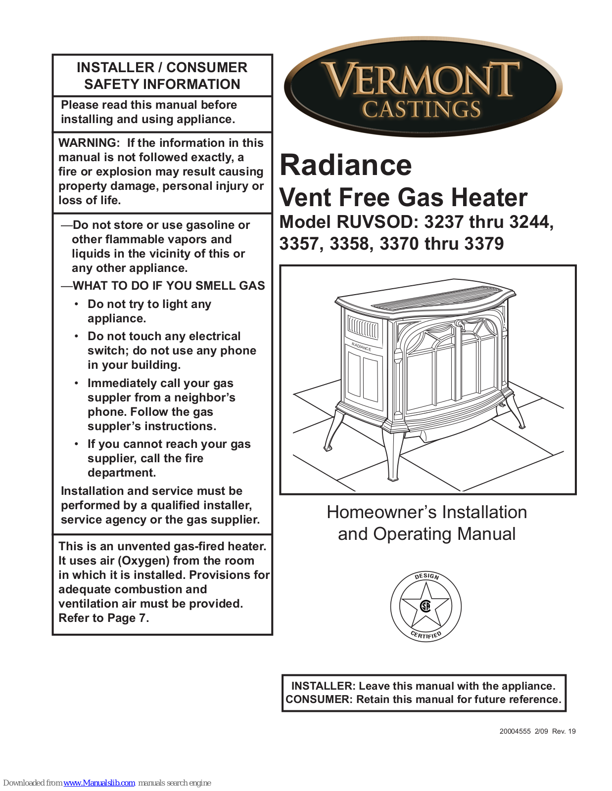 Vermont Castings RUVSOD 3237, RUVSOD 3244, RUVSOD 3357, RUVSOD 3358, RUVSOD 3370 Homeowner's Installation And Operating Manual