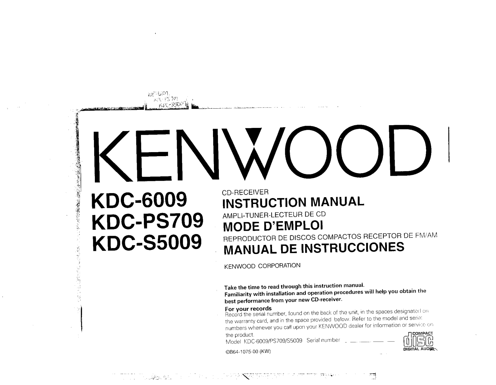 Kenwood KDC-S5009, KDC-6009, KDC-PS709 Owner's Manual