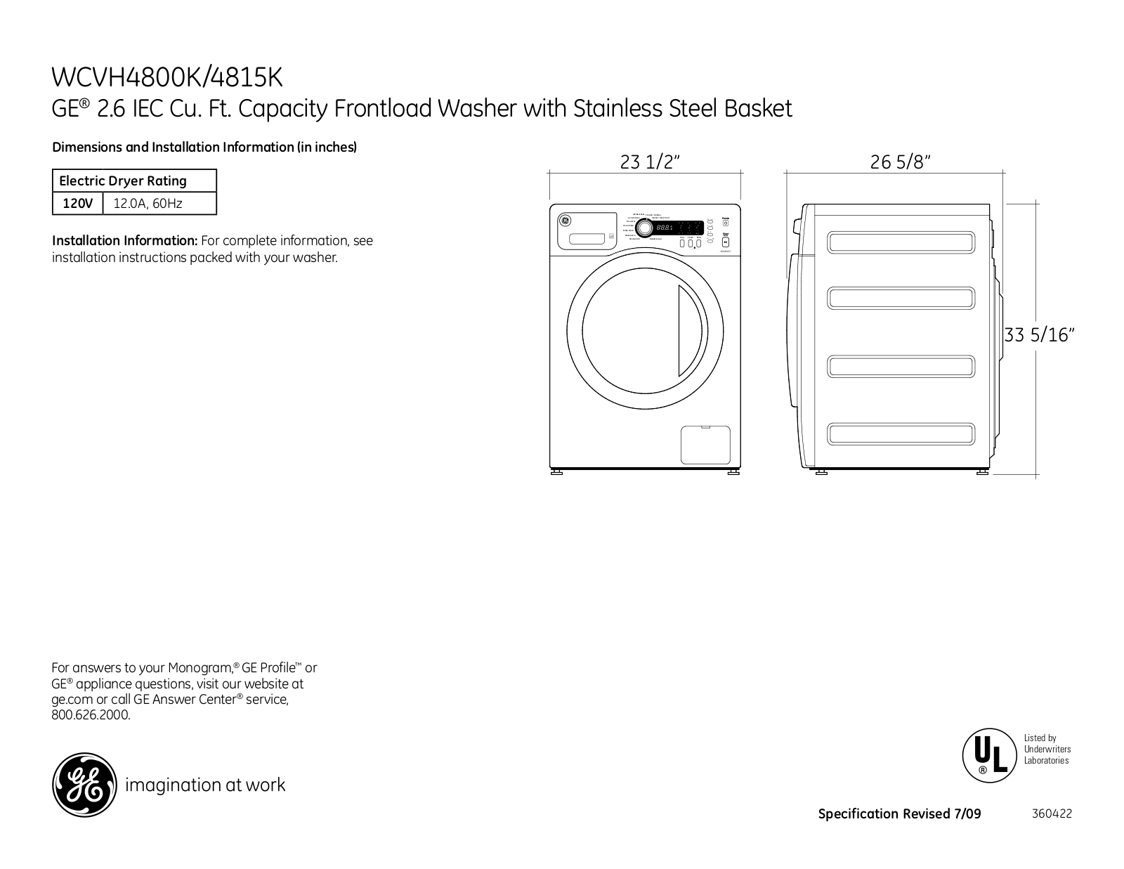 GE WCVH4800KWW, WCVH4815K, WCVH4800K, WCVH4815KMS User Manual