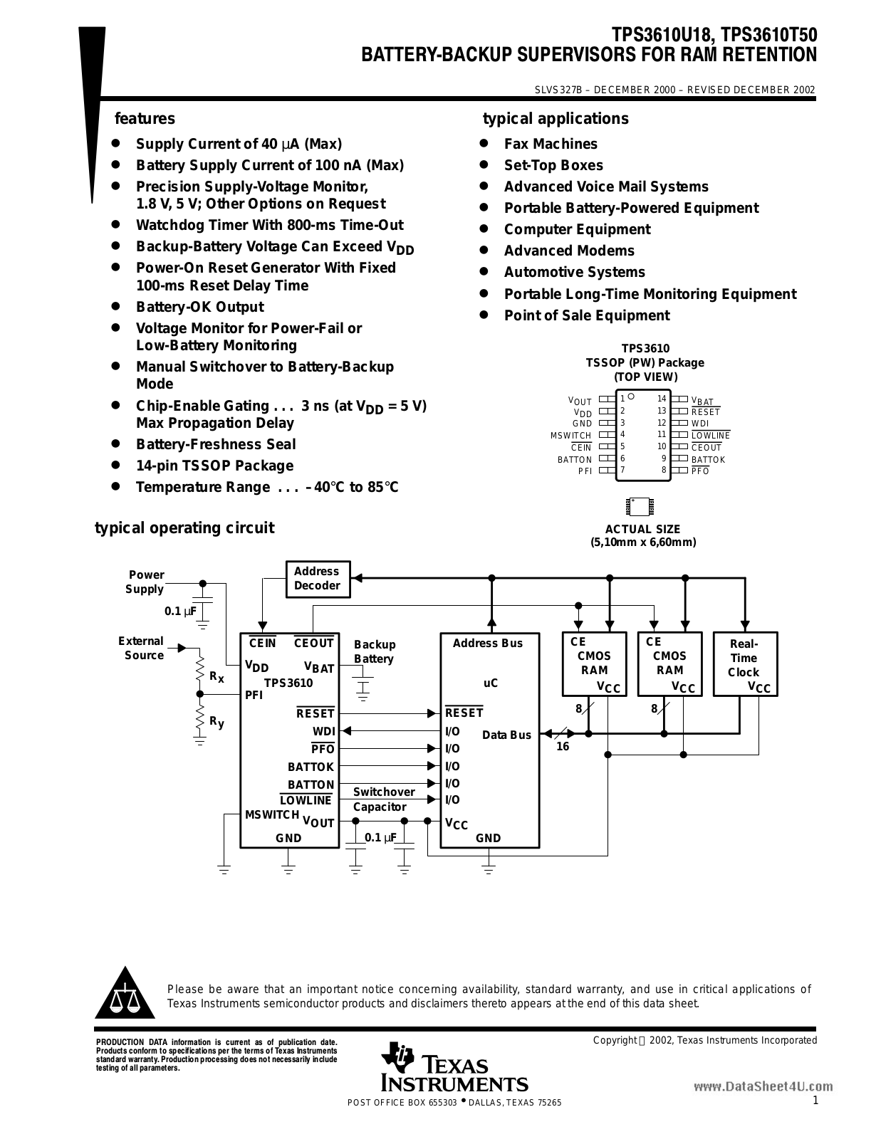 Texas Instruments TPS 3610 U 18 INSTALLATION INSTRUCTIONS