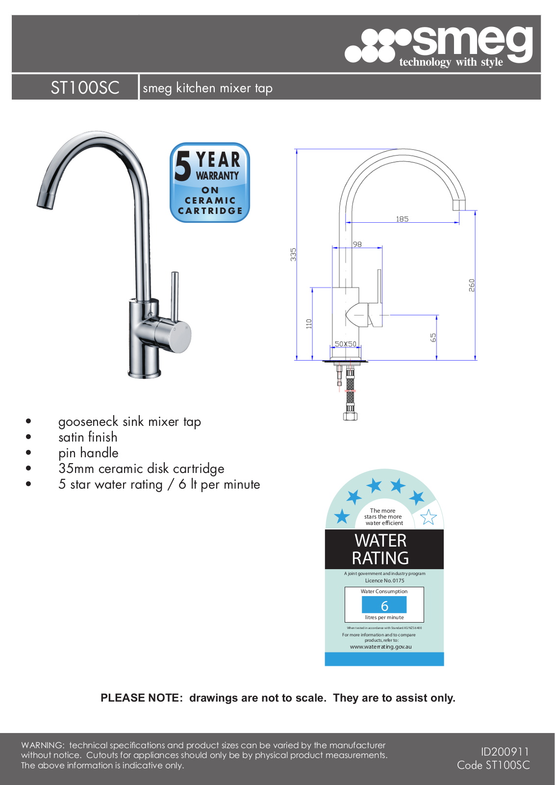 Smeg ST100SC Specifications Sheet