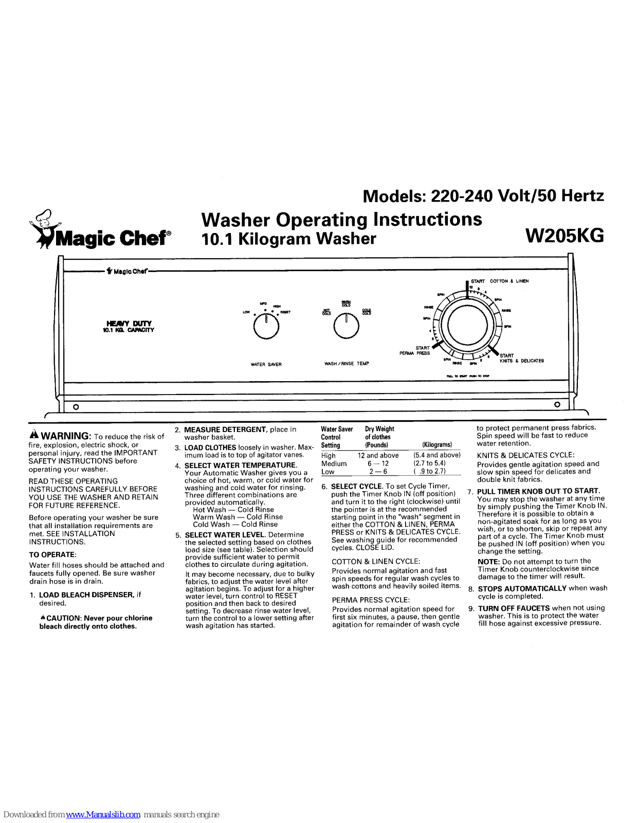 Magic Chef W205KG Operating Instructions Manual