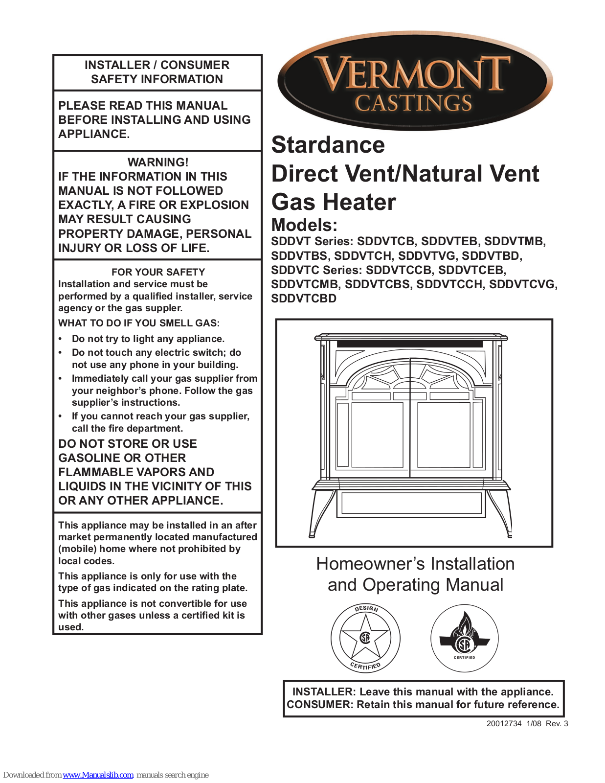 Vermont Castings SDDVTCH, SDDVTEB, SDDVTVG, SDDVTBD, SDDVTCCB Installation And Operating Manual