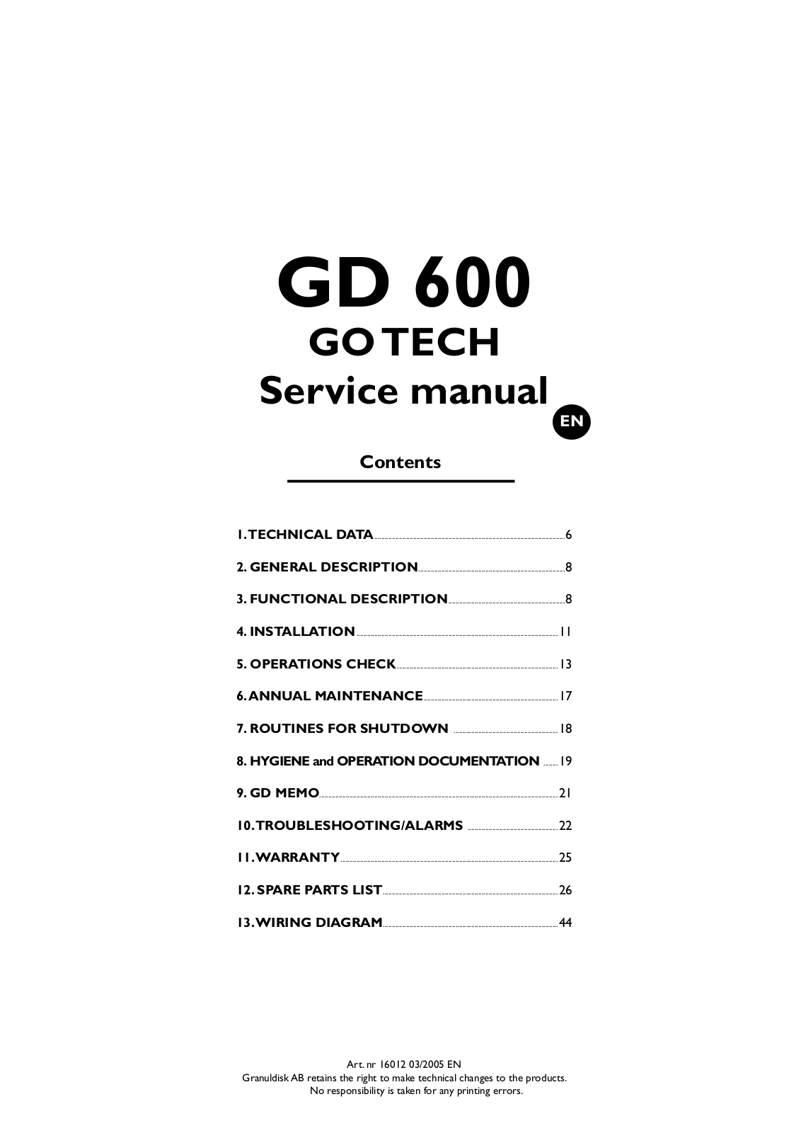 GRANULDISK GO TECH GD 600 Service Manual