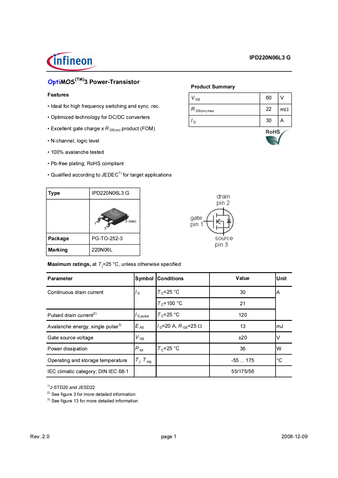 Datasheet IPD220N06L3G Specification - ManualMachine.com