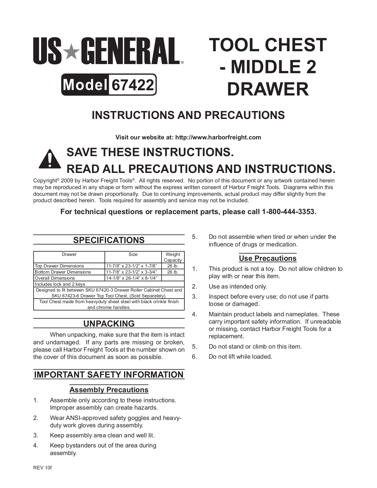 Harbor Freight Tools 67422 User Manual