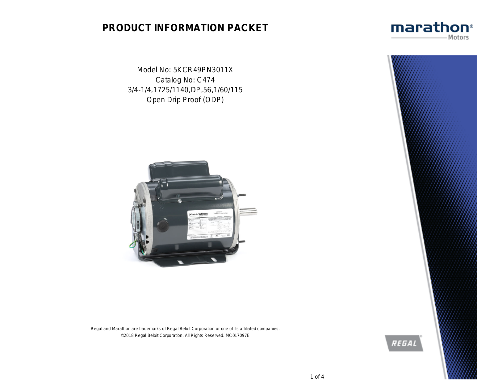 Marathon Electric 5KCR49PN3011X Product Information Packet