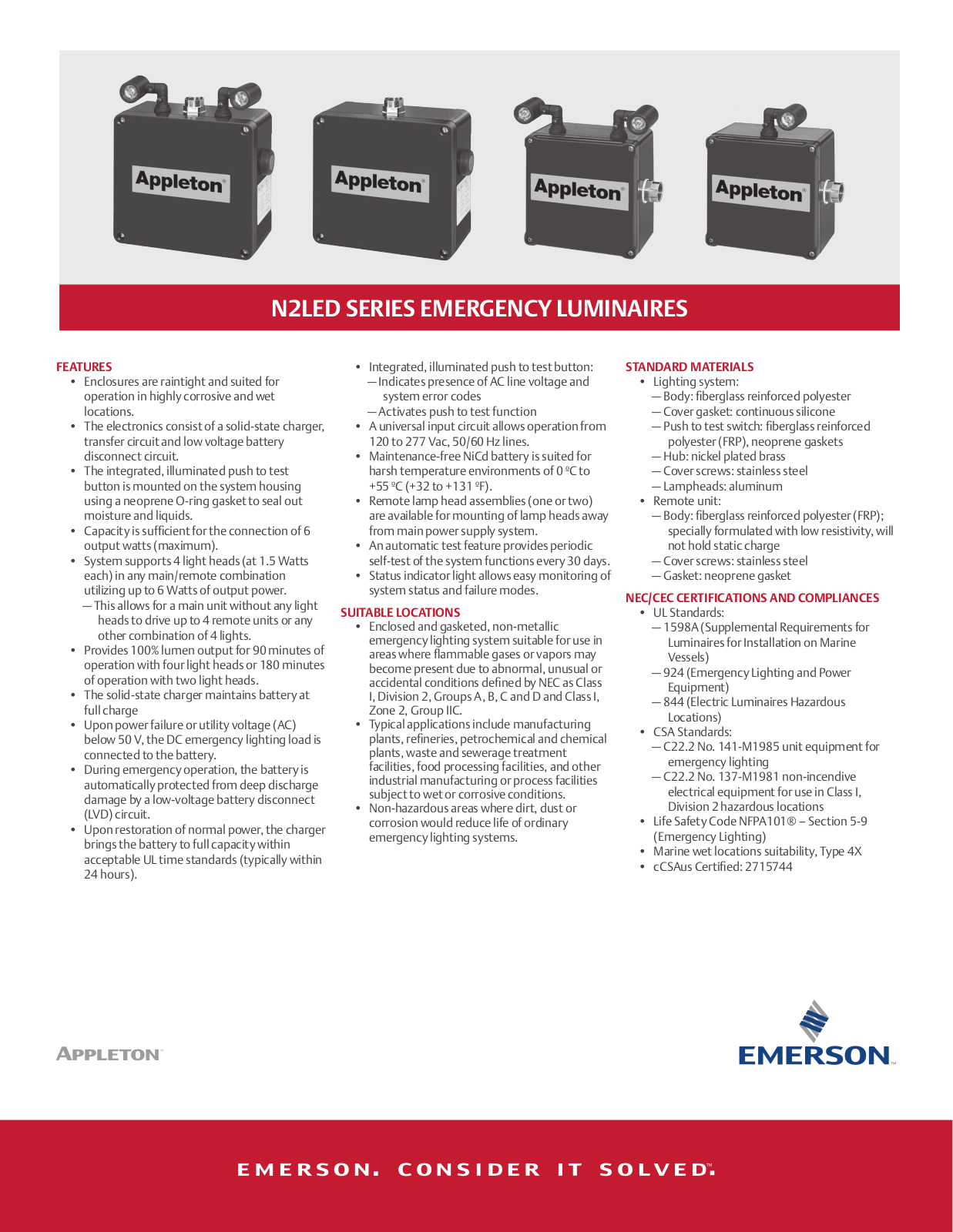 Appleton N2LED SERIES EMERGENCY LUMINAIRES Data Sheet