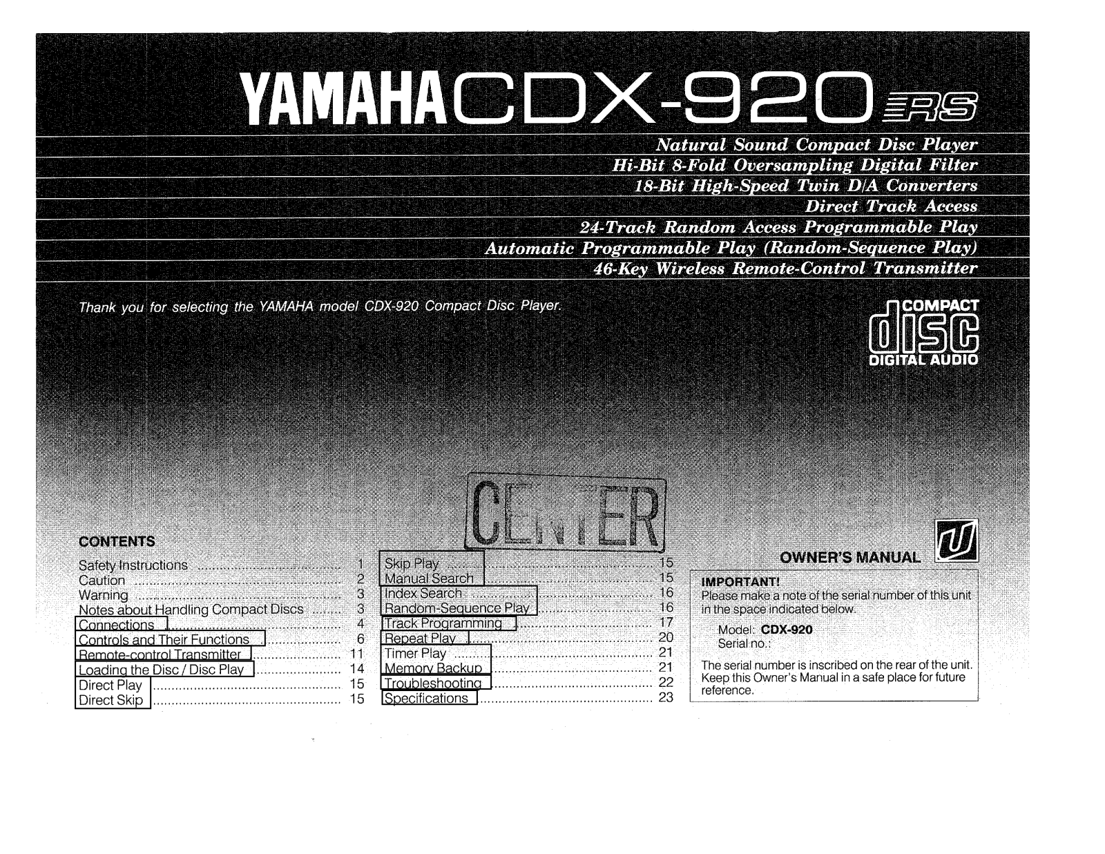 Yamaha CDX-920, CDX-920RS Owner Manual