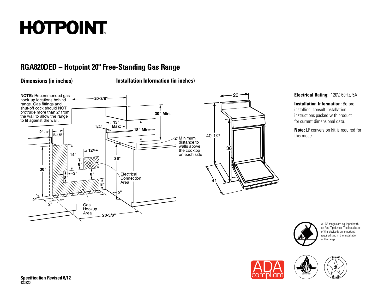 Hotpoint RGA820DEDWW Specifications