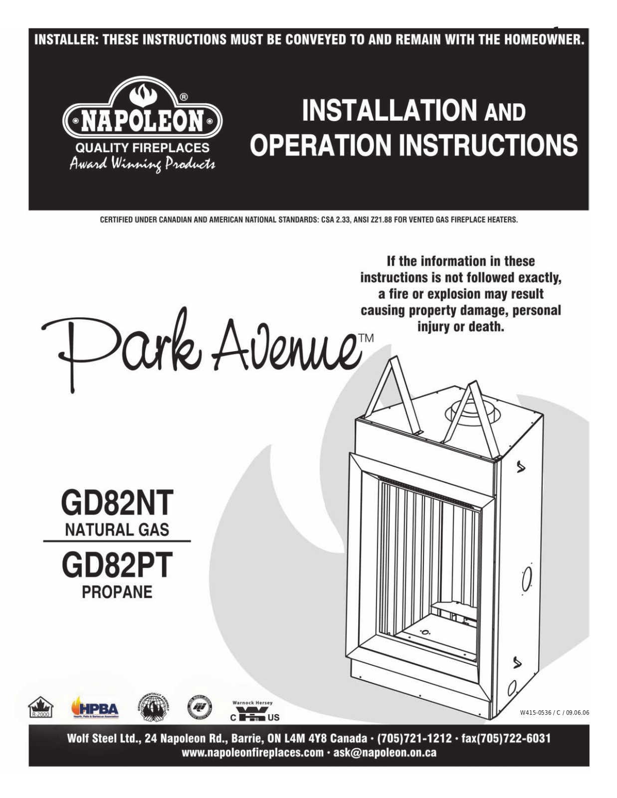 Napoleon Fireplaces GD82PT, GD82NT User Manual