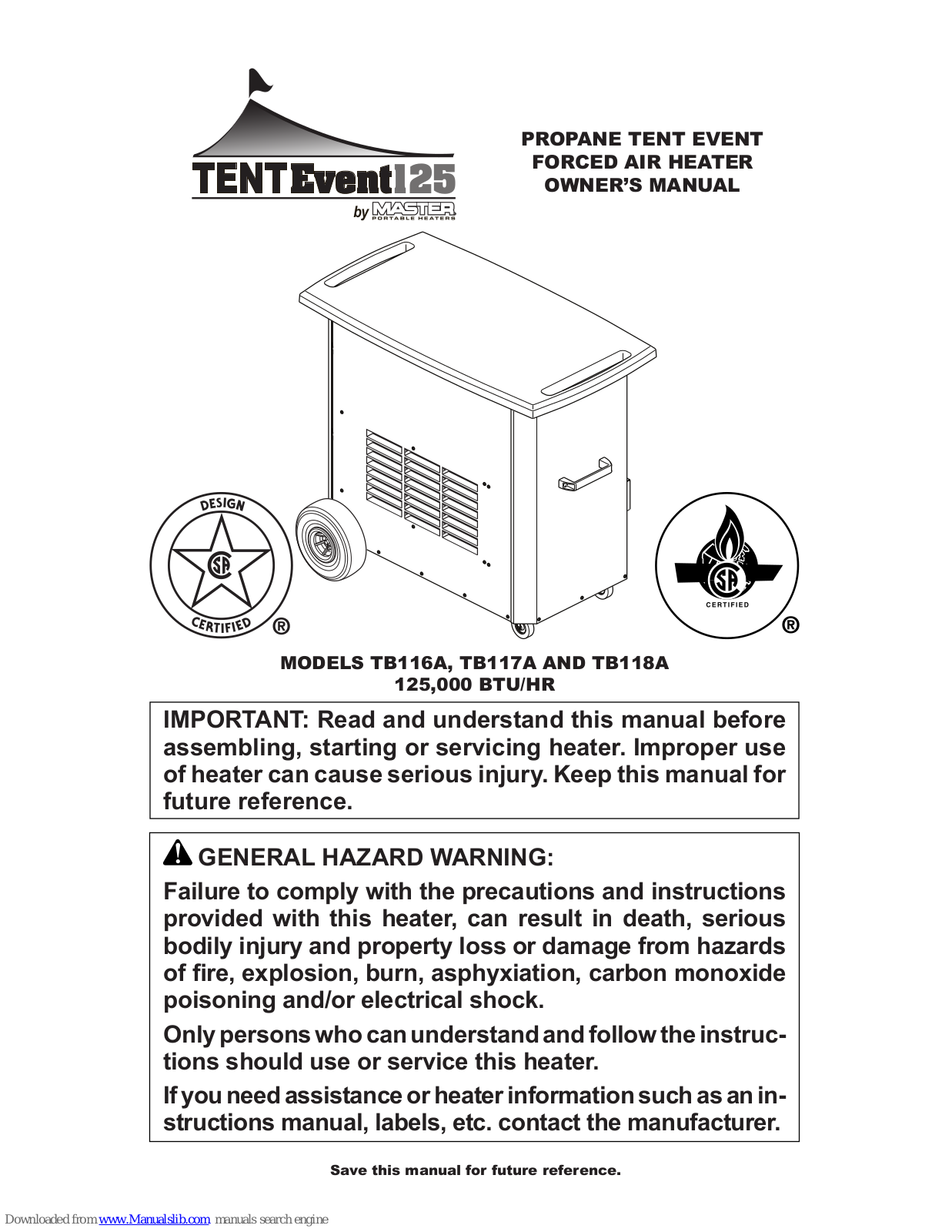 Master TB116A, TB117A, TB118A Owner's Manual