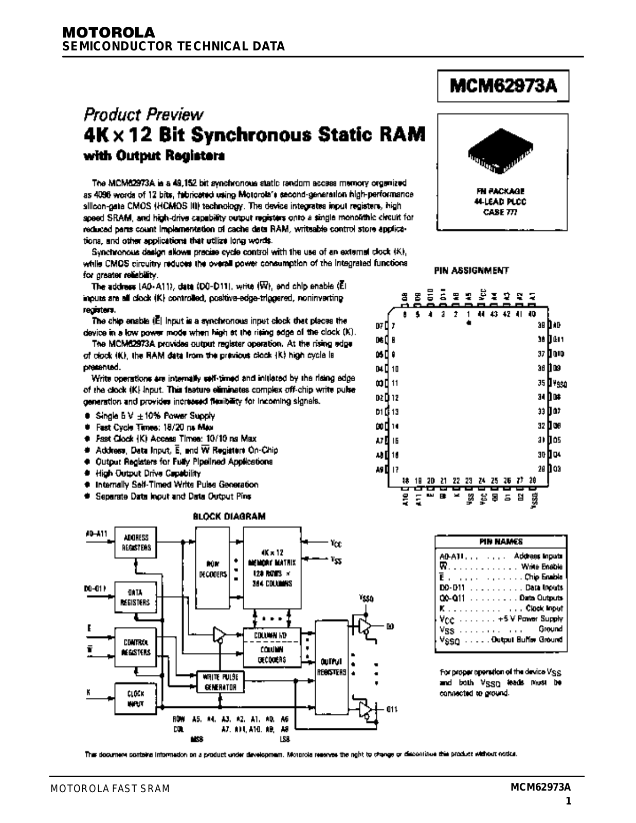 Motorola MCM62973AFN18, MCM62973AFN20 Datasheet