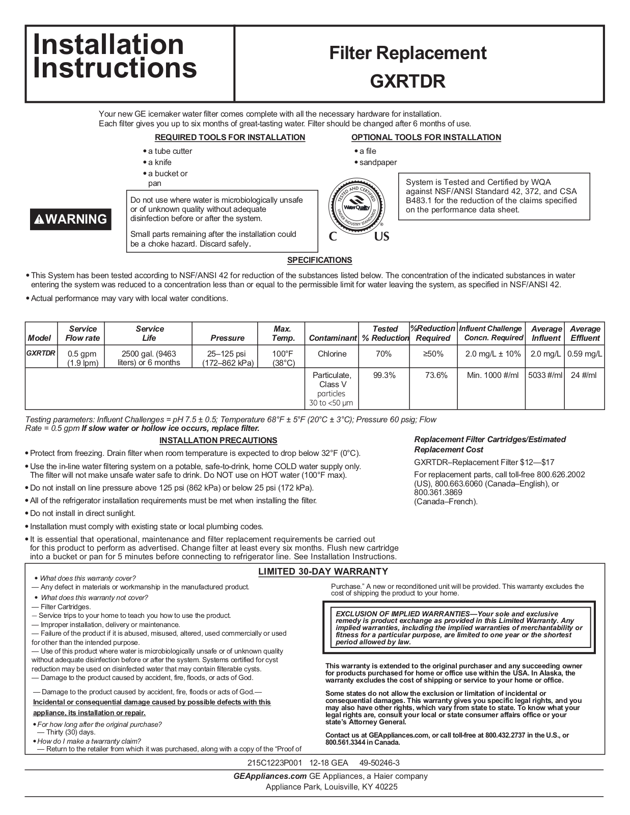 GE Appliances GXRTDR Installation Manual