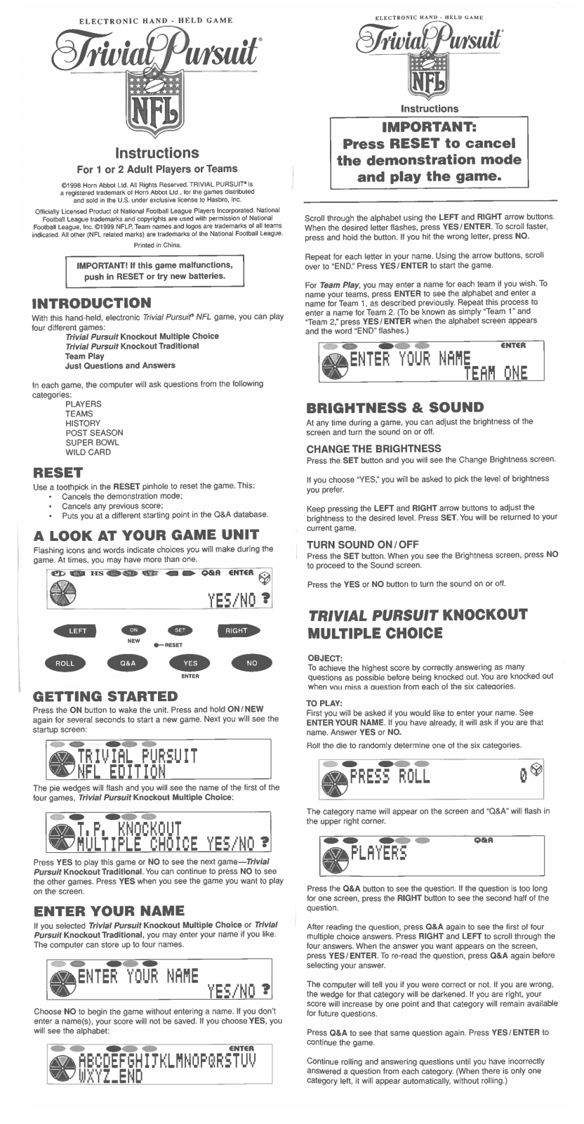 HASBRO Trivial Pursuit NFL HH game User Manual