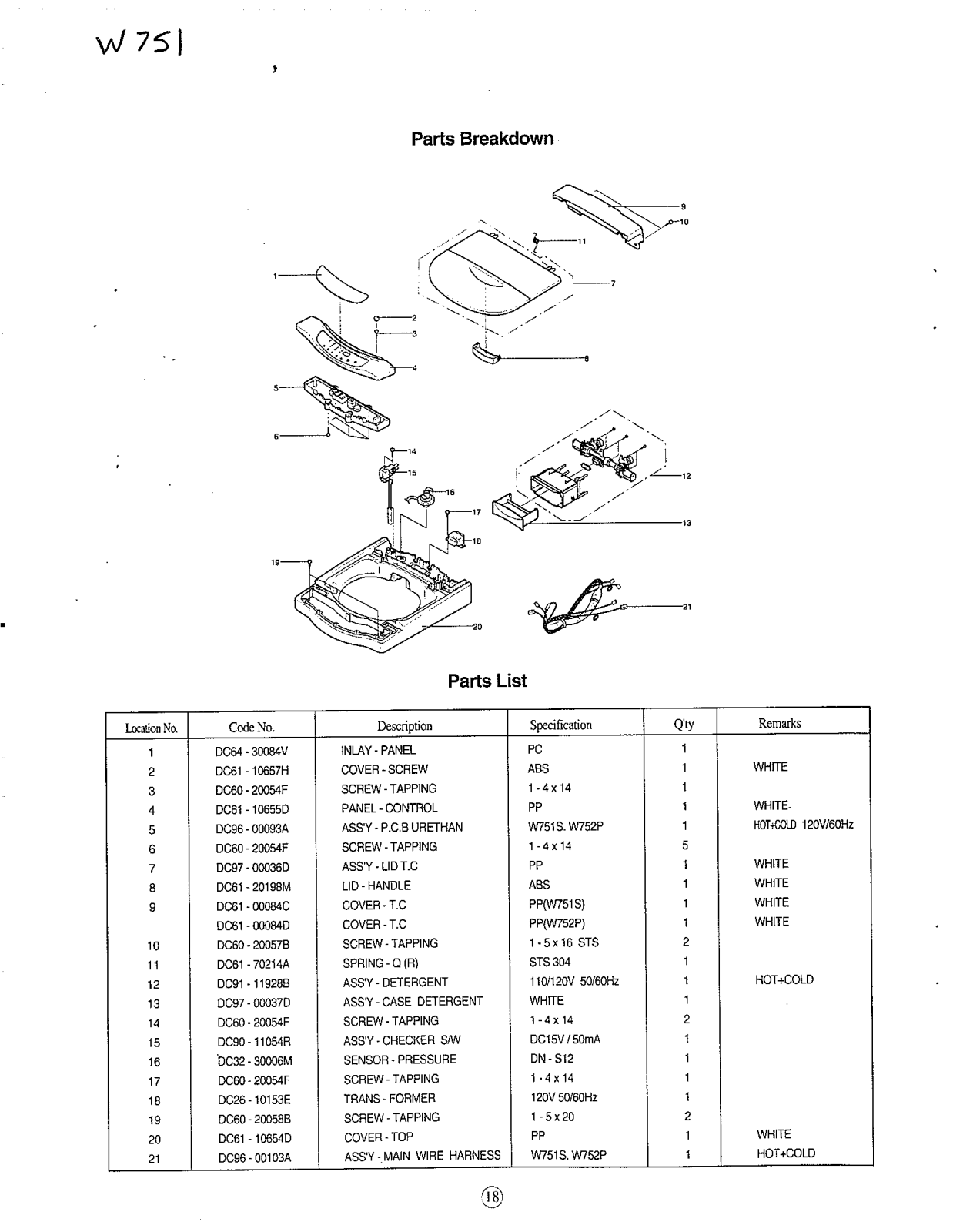 Avanti W751SC, W751 Parts List