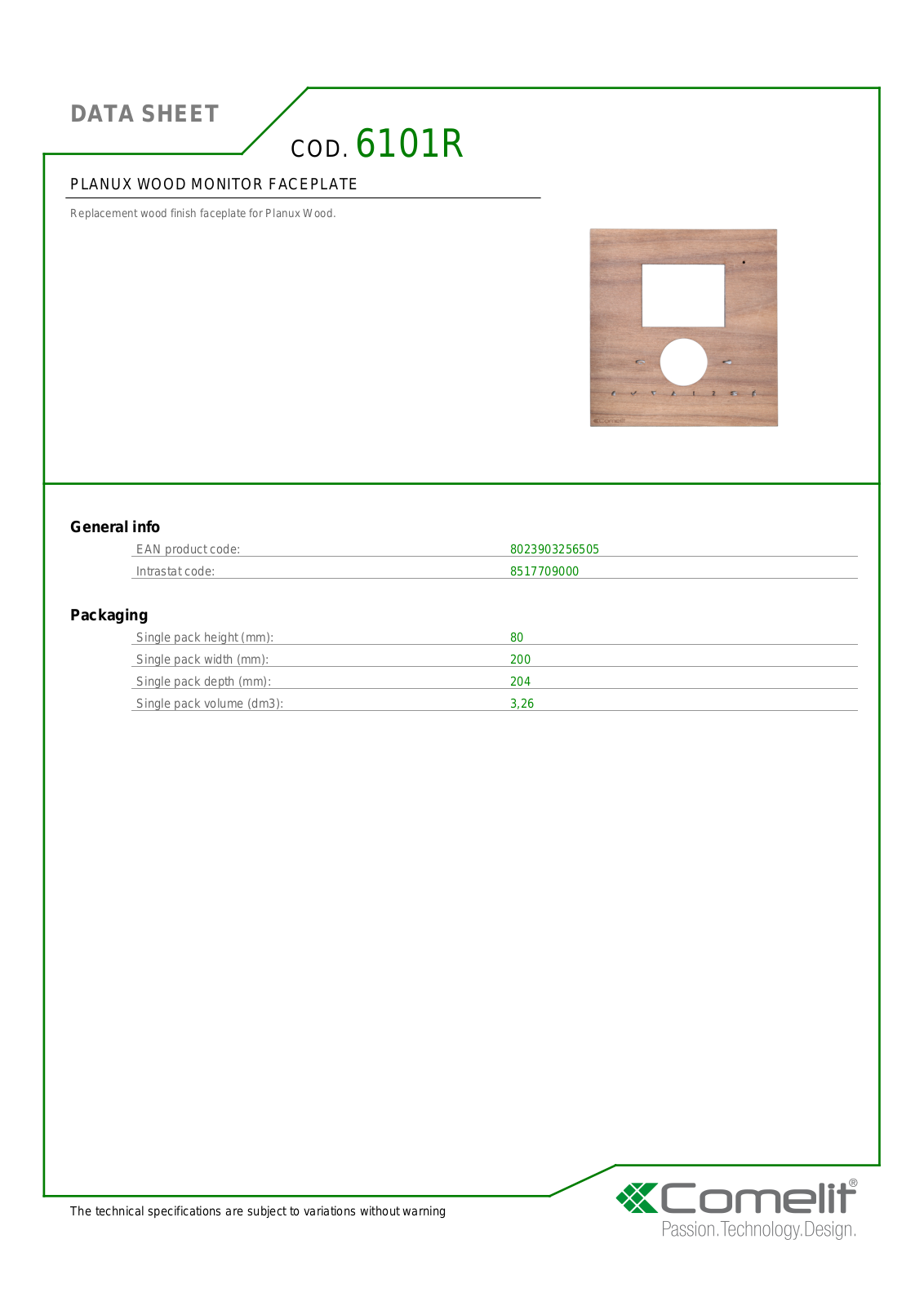 Comelit 6101R Specsheet