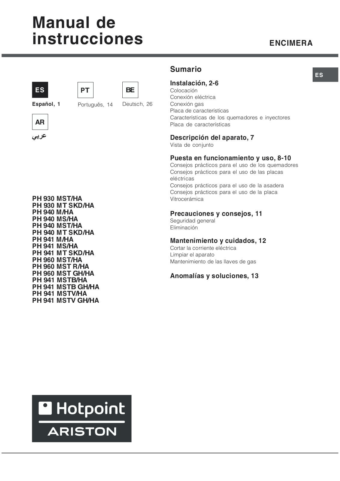 Hotpoint Ariston PH 940MS, PH 941MSTB GH/HA, PH 941MSTV GH/HA, PH 960MST, PH 941MSTV User Manual