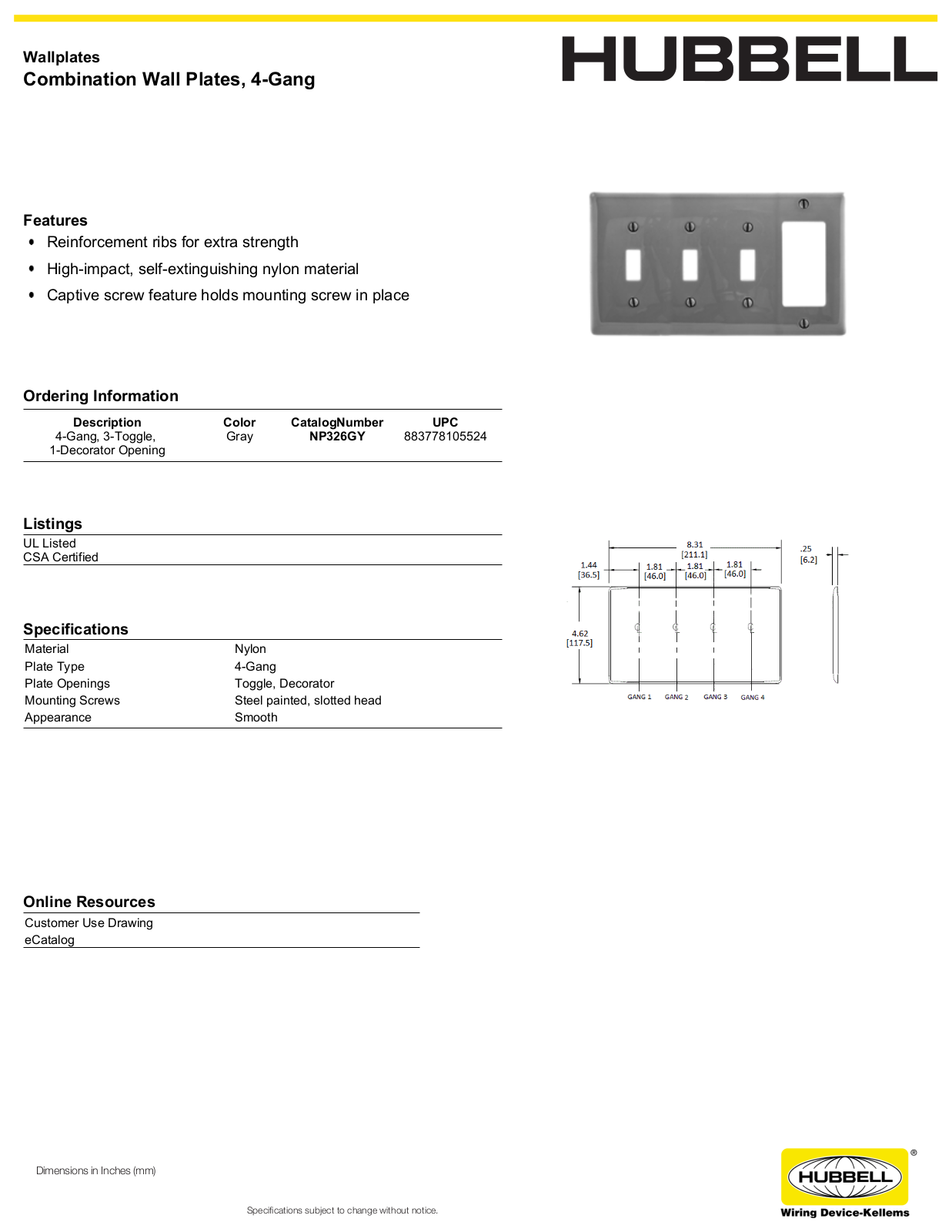 Hubbell NP326GY Specifications