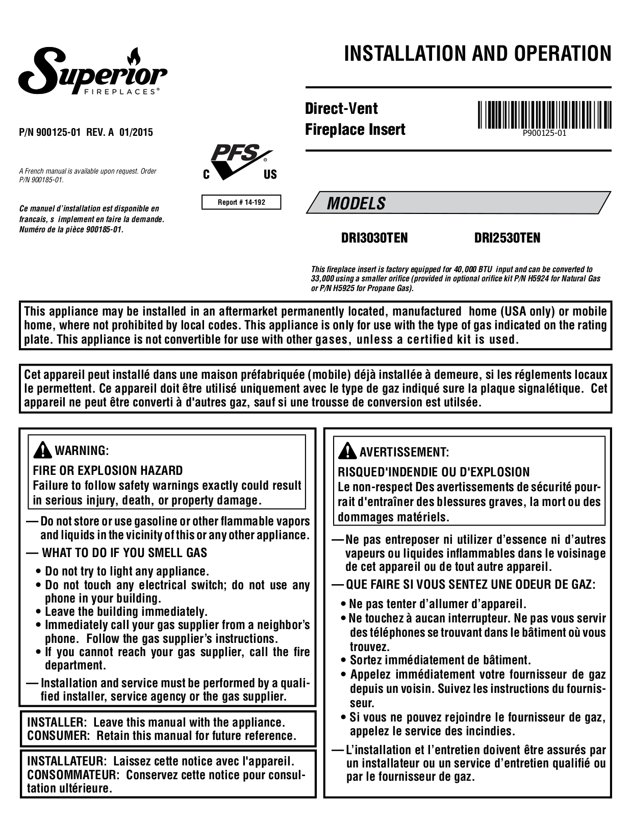 Superior DRI3030TEN, DRI2530TEN Installation And Operation Manual