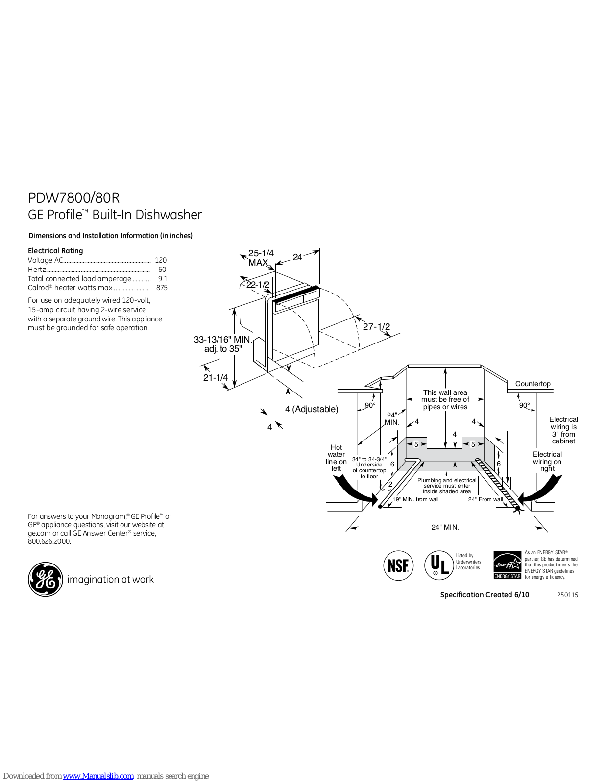 GE Profile PDW7800R, PDW7880RSS, Profile PDW7800, Profile PDW7880R Dimensions And Installation Information